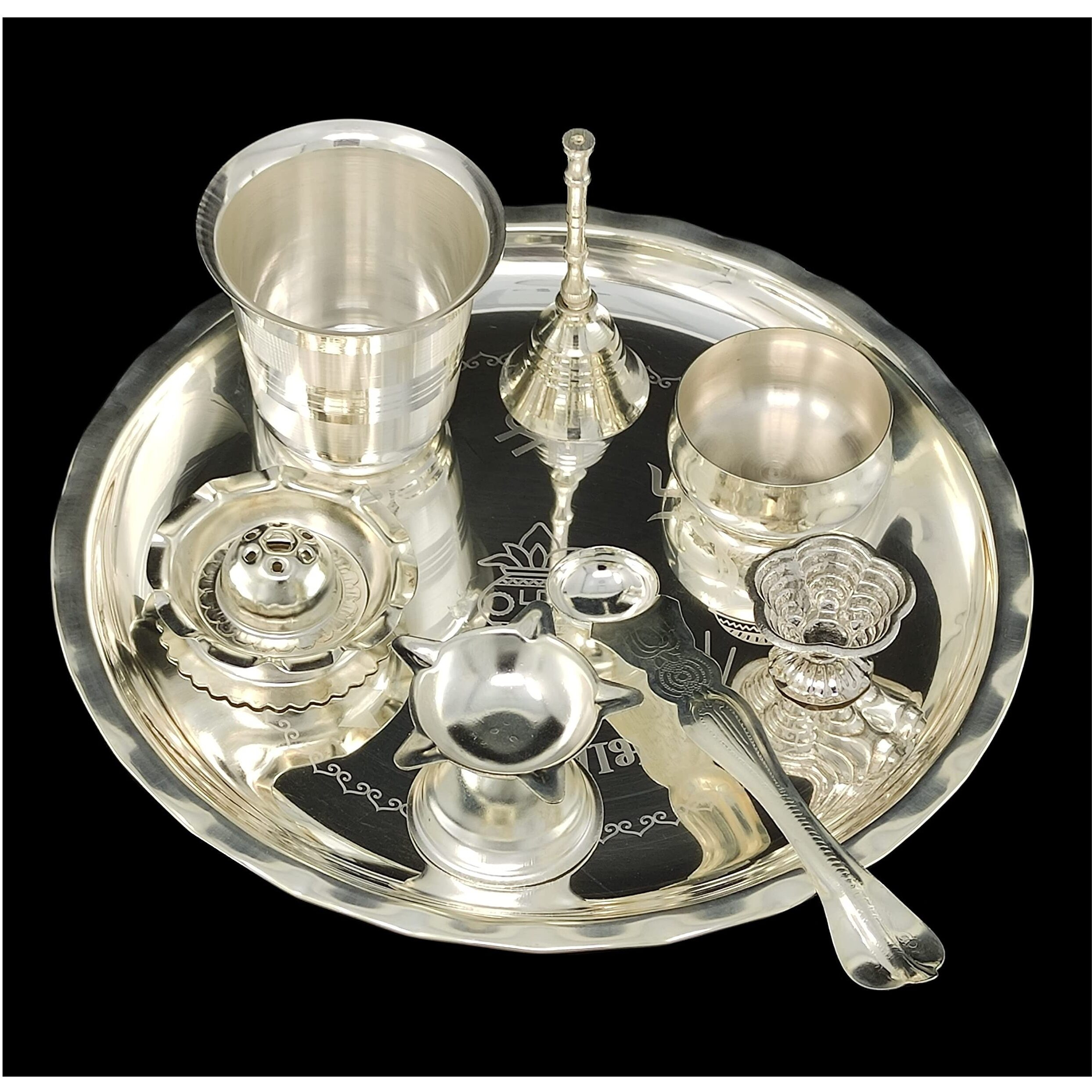 BENGALEN Silver Plated Pooja thali Set 8 Inch Plate Diya Dhup Dan Glass Ghanti Bowl Kumkum Stand Palli Daily Puja Thali for Diwali Home Mandir Office Wedding Return Festive Gift Items