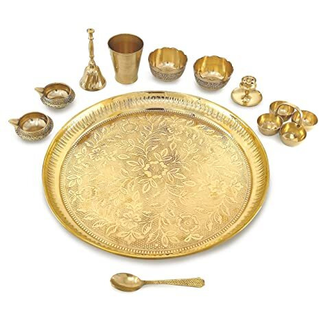 BENGALEN Brass Pooja Thali Set 12 Inch Pital Puja Thali with Plate Glass Bowl Spoon Palli Ghanti Kuber Diya Dhup Dan Haldi Kumkum Stand Puja Thal Diwali Home Office Mandir Wedding Return Gift Items