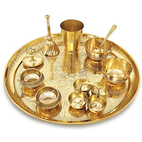 BENGALEN Brass Pooja Thali Set 12 Inch Pital Puja Thali with Plate Glass Bowl Spoon Palli Ghanti Kuber Diya Dhup Dan Haldi Kumkum Stand Puja Thal Diwali Home Office Mandir Wedding Return Gift Items