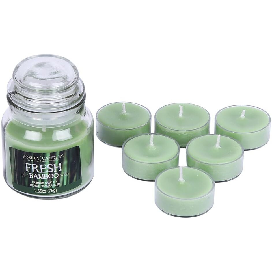 HOSLEY Combo of Fresh Bamboo Fragrance Jar Candle with Scented Tealights|Perfect for Home Decor Lighting Gifting|Pack of 1 Jar Candle 2.65 Oz Wax with Pack of 6 Tealights