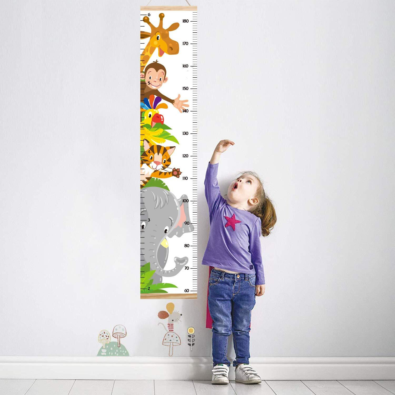 Animals Growth Chart for Kids, Baby Room Decor Height Chart, Canvas Height Measuring Rulers for Boys Girls with Hooks Wooden Frame (Animals 1)