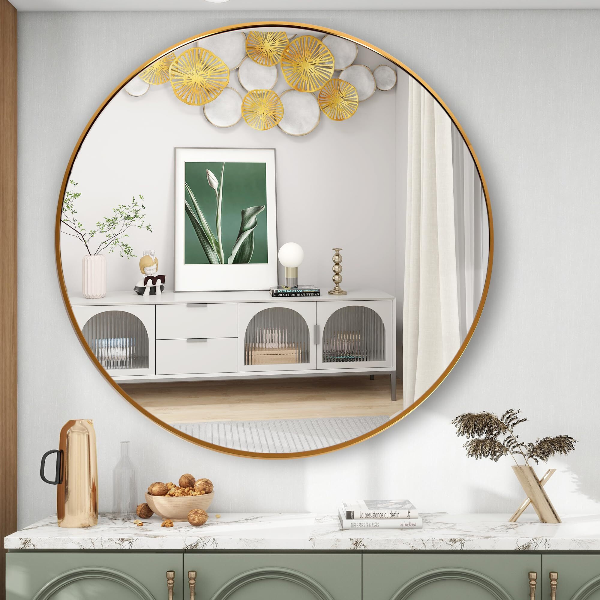 FANYUSHOW Round Mirror for Bathroom, Gold Circle Mirror for Wall Mounted, 20 Modern Brushed Brass Metal Frame Round Mirror for Wall Decor, Vanity, Living Room, Bedroom, Framed