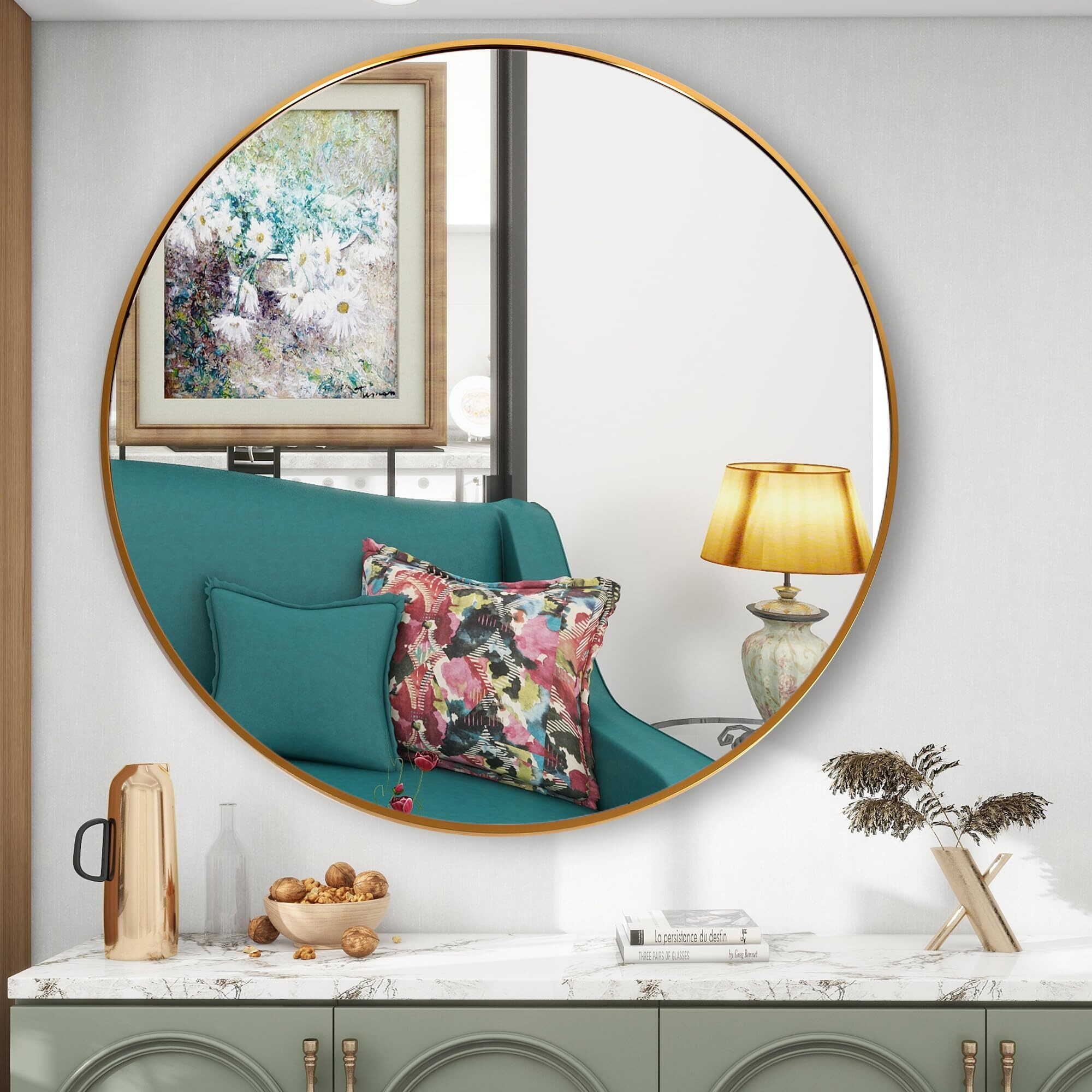 FANYUSHOW Round Mirror for Bathroom, Gold Circle Mirror for Wall Mounted, 20 Modern Brushed Brass Metal Frame Round Mirror for Wall Decor, Vanity, Living Room, Bedroom, Framed