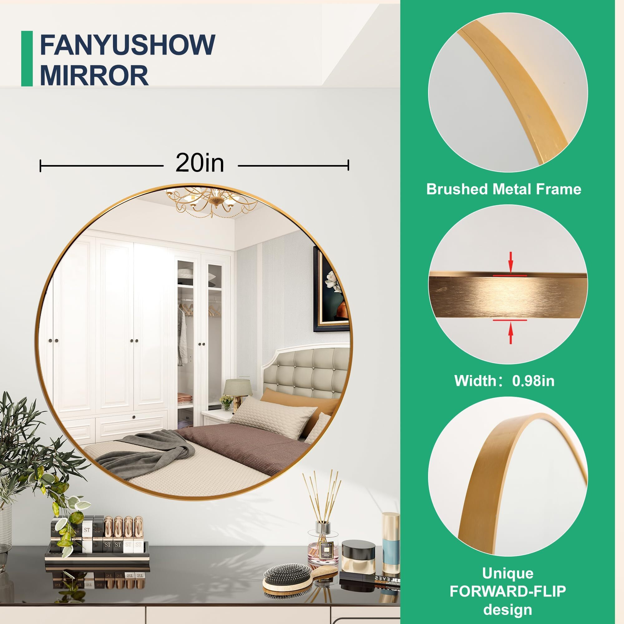 FANYUSHOW Round Mirror for Bathroom, Gold Circle Mirror for Wall Mounted, 20 Modern Brushed Brass Metal Frame Round Mirror for Wall Decor, Vanity, Living Room, Bedroom, Framed