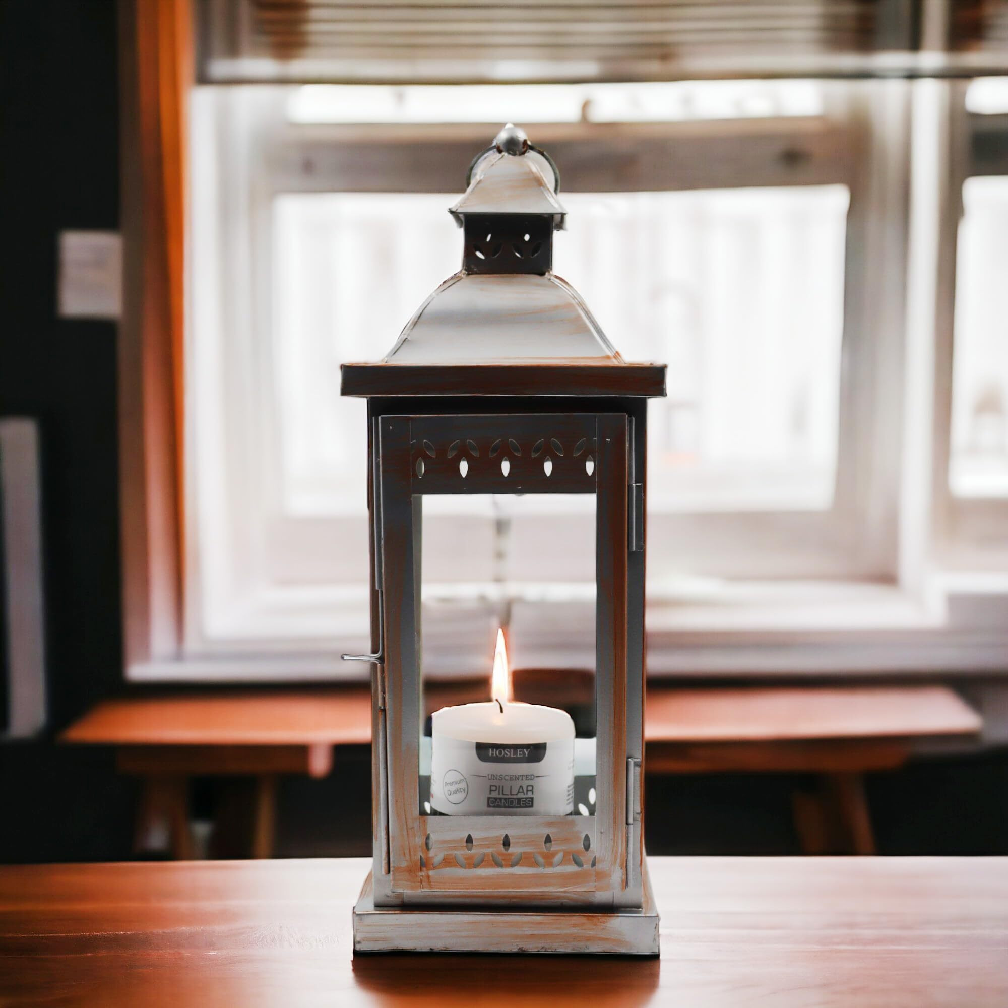 HOSLEY Classic Style Glass Iron Lantern with One Pillar Candle|Silver Hanging Lantern|Candles for Home Decoration|Candle Holders for Home Decor| Pack of 1 (14.5 Inch Long)