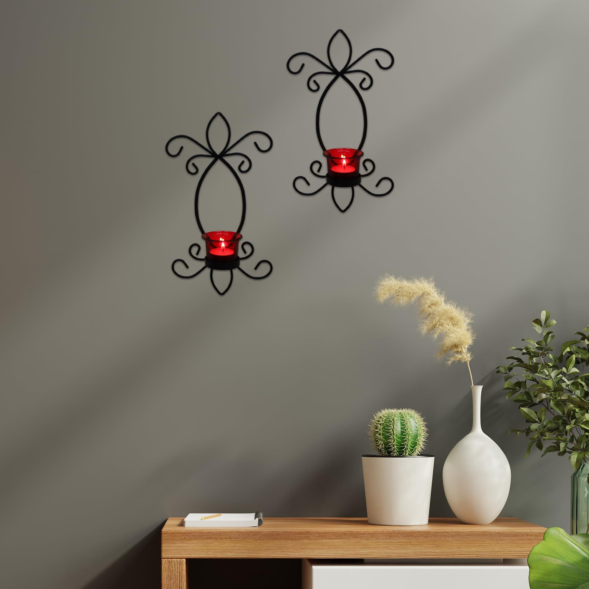 HOSLEY Metal Red Glass Butterfly Tealight Candle Holders| Wall Sconce Candle Holders| Hanging Wall Mounted Holders| Perfect for Home Decor Dining Room|Pack of 2 with Pack of 2 Tealights(Black)