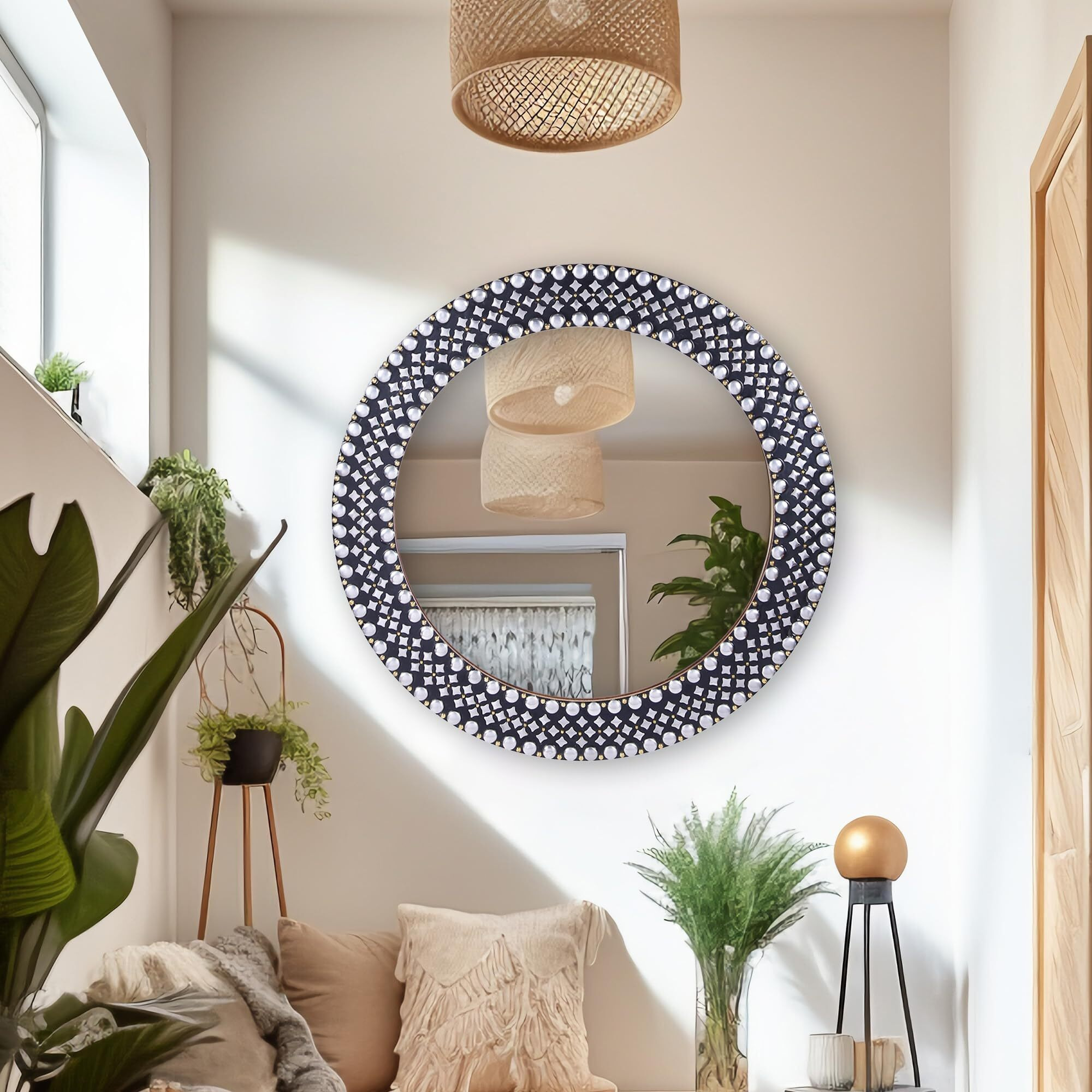 HOSLEY Decorative Modern Designer Round Wall Mirror| Metal Studded Frame Wall Hanging| Iron Wall Mounted Perfect for Living Room Bathroom Bedroom Wall Decor | Silver (Pack of 1)