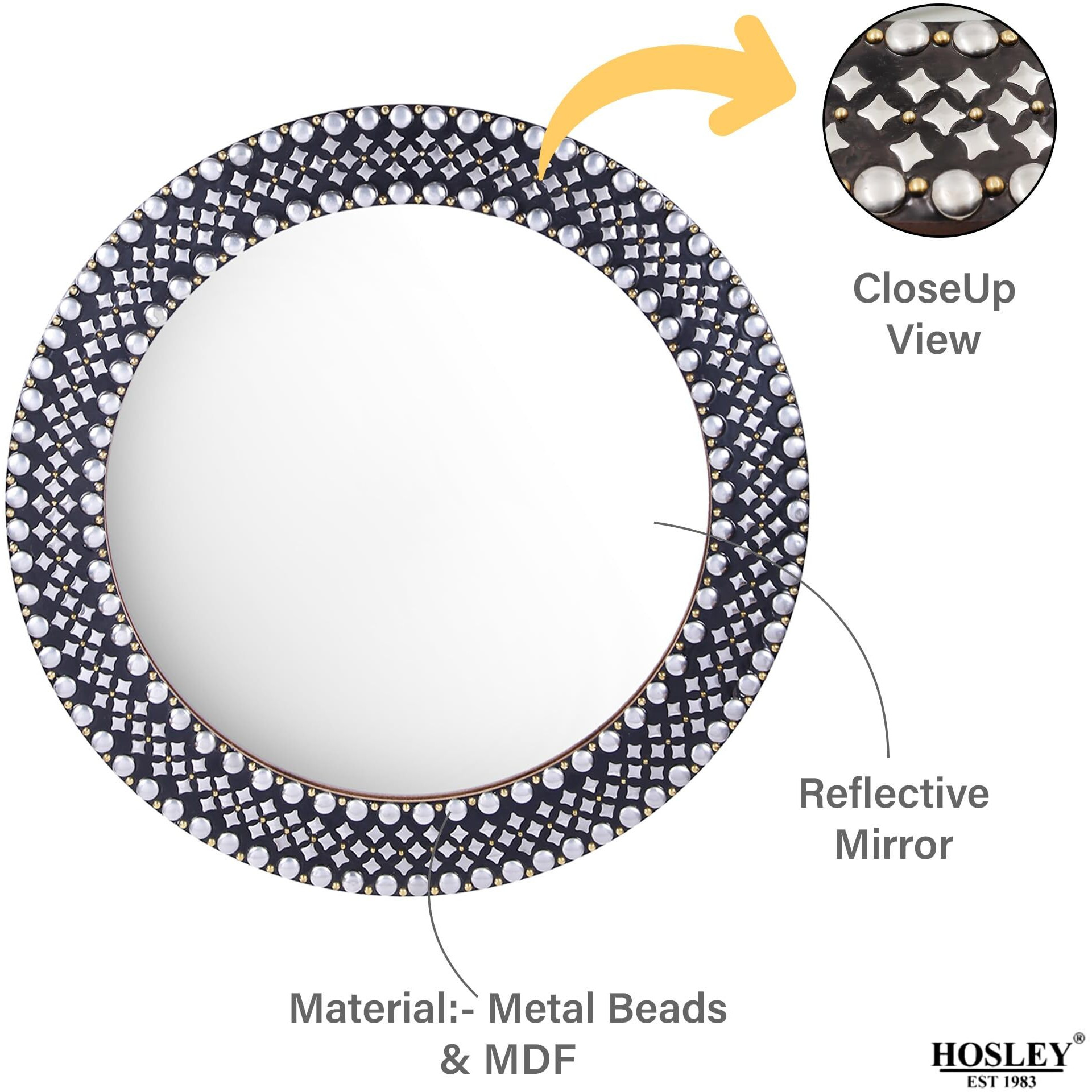 HOSLEY Decorative Modern Designer Round Wall Mirror| Metal Studded Frame Wall Hanging| Iron Wall Mounted Perfect for Living Room Bathroom Bedroom Wall Decor | Silver (Pack of 1)