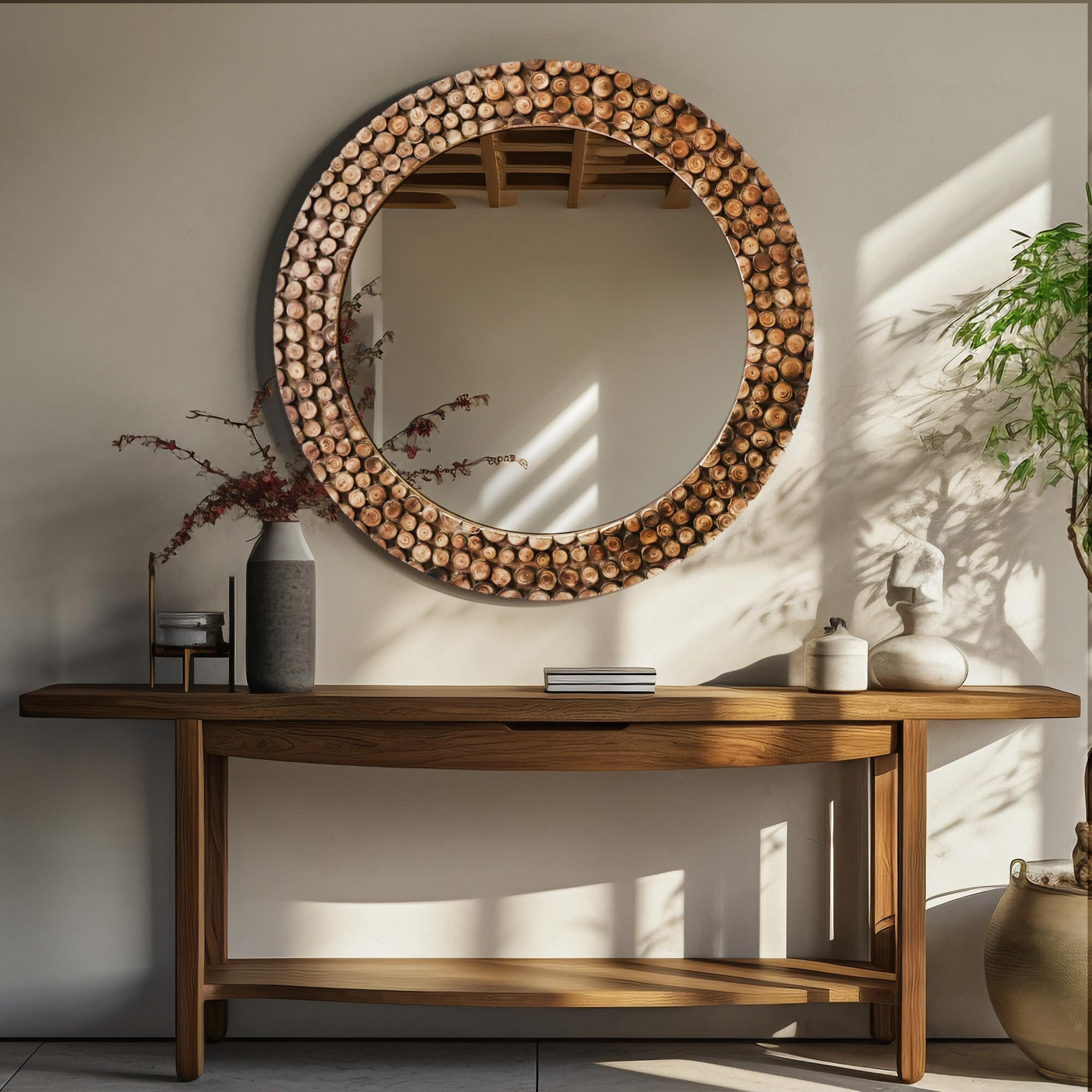 HOSLEY Decorative Modern Designer Round Wall Mirror| Wood Slice Frame Round Wall Hanging Mirror| Wall Mounted Perfect for Living Room Bathroom Bedroom Hall Wall Decor |Brown (Pack of 1)