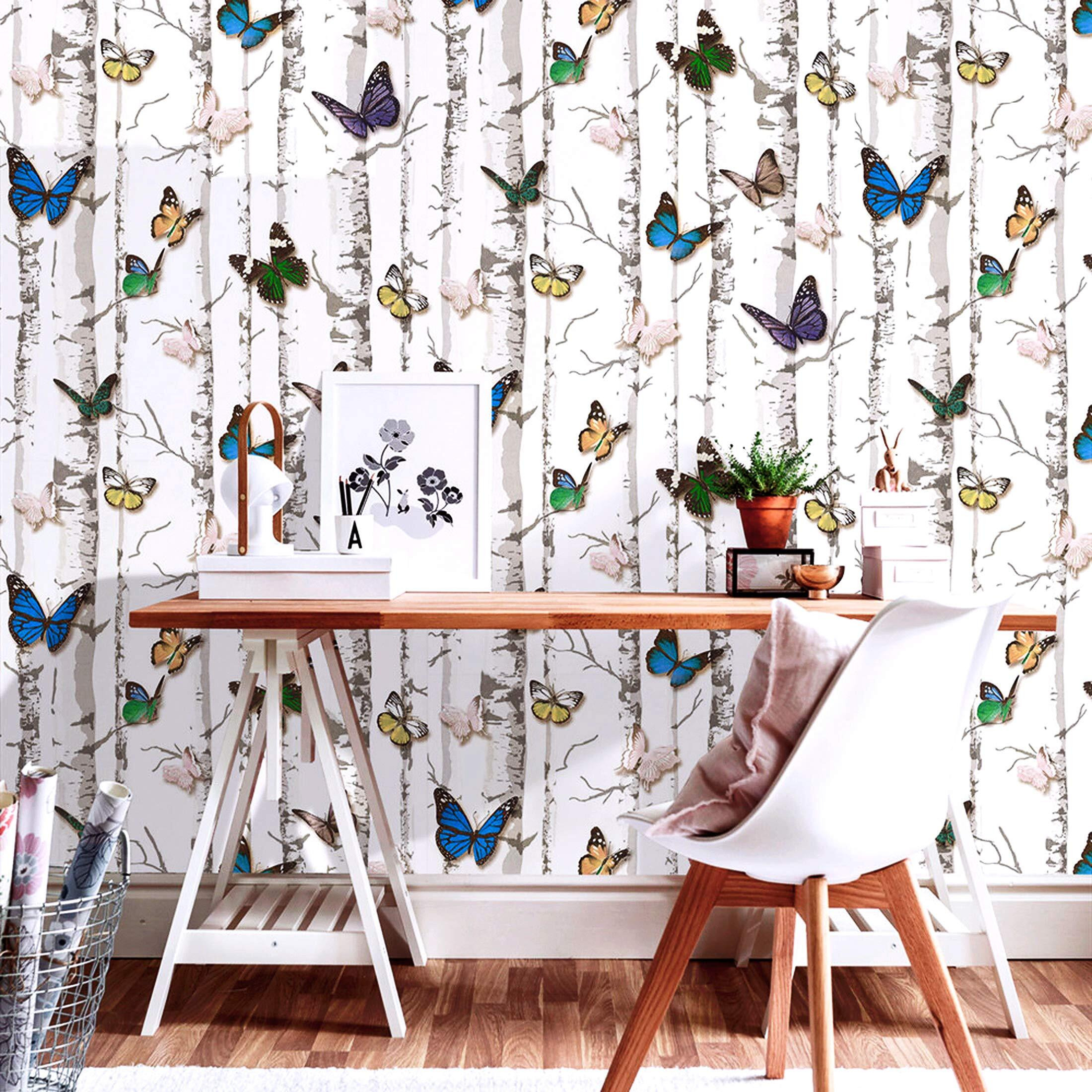 wolpin Wall Stickers DIY Wallpaper (45 x 500 cm) 3D Stark Trees and Butterflies Decals Self Adhesive Waterproof Kids Room Wardrobe, Wall Decor Nature, White