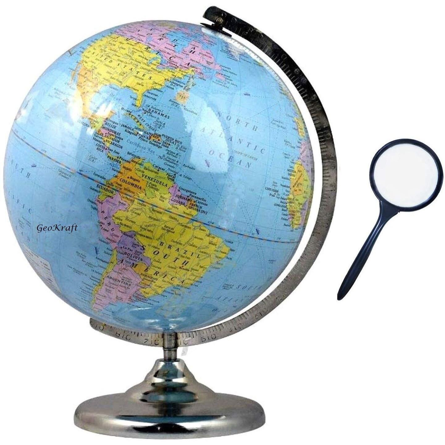 GeoKraft Educational 13 Inches Height,10 Inch Diameter Metal Base Globe with Magnifying Glass/Home Decor/World Globe/Office Decor Gift ItemShow Piece (Blue)