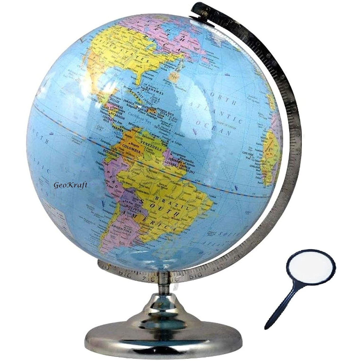 GeoKraft Educational 13 Inches Height,10 Inch Diameter Metal Base Globe with Magnifying Glass/Home Decor/World Globe/Office Decor Gift ItemShow Piece (Blue)