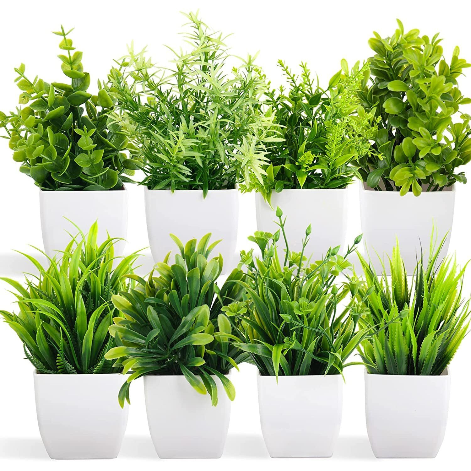 Dekorly Artificial Potted Plants, 8 Pack Artificial Plastic Eucalyptus Plants Small Indoor Potted Houseplants, Small Faux Plants for Home Decor Bathroom Office Farmhouse (Set 0F 8)