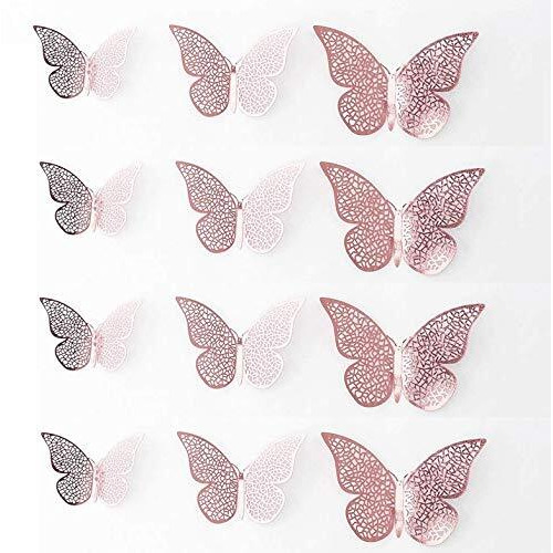 Xtore  Congealed Paper Metallic Finish Home Decor 3D Butterfly with Sticking Pads (Rose Gold) -Set of 12 Pcs