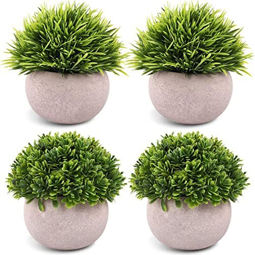 Dekorly 4 Packs Artificial Potted Plants Bathroom Fake Shelf Plant Office Table Decor Mini Green Faux Topiary Kitchen Cabinet Farmhouse Decorations (4 Plastic Pots)