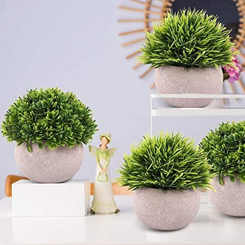 Dekorly 4 Packs Artificial Potted Plants Bathroom Fake Shelf Plant Office Table Decor Mini Green Faux Topiary Kitchen Cabinet Farmhouse Decorations (4 Plastic Pots)