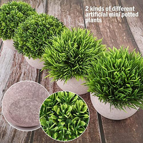 Dekorly 4 Packs Artificial Potted Plants Bathroom Fake Shelf Plant Office Table Decor Mini Green Faux Topiary Kitchen Cabinet Farmhouse Decorations (4 Plastic Pots)