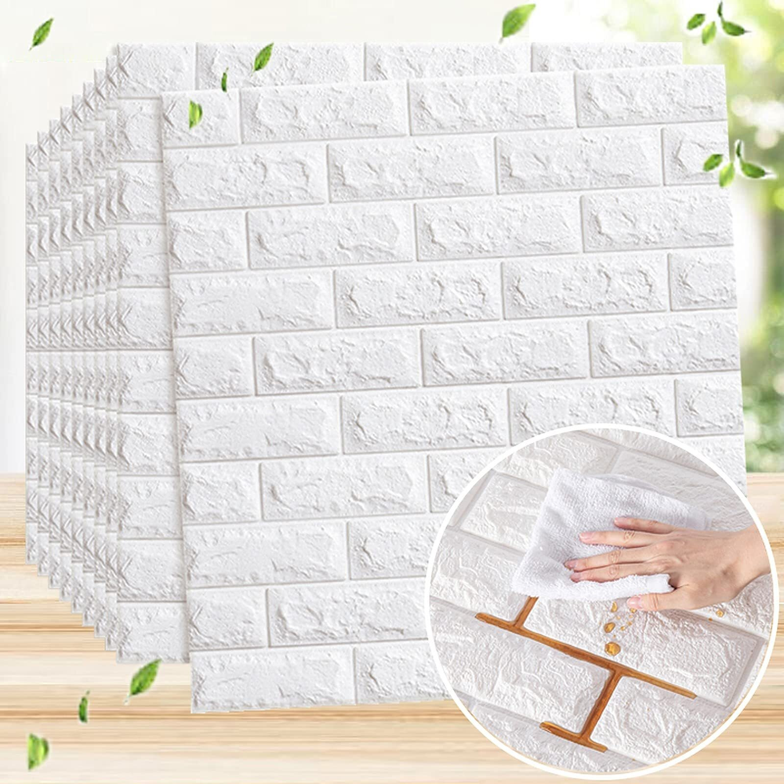 Wolpin 10 Pcs 3D White Brick Wallpaper for Wall PE Foam Wall Stickers Self Adhesive DIY Wall Decor (70 x 77cm, Appx. 58Sq Feet)