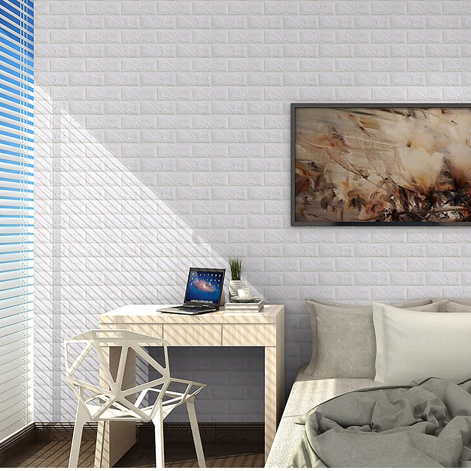 Wolpin 10 Pcs 3D White Brick Wallpaper for Wall PE Foam Wall Stickers Self Adhesive DIY Wall Decor (70 x 77cm, Appx. 58Sq Feet)