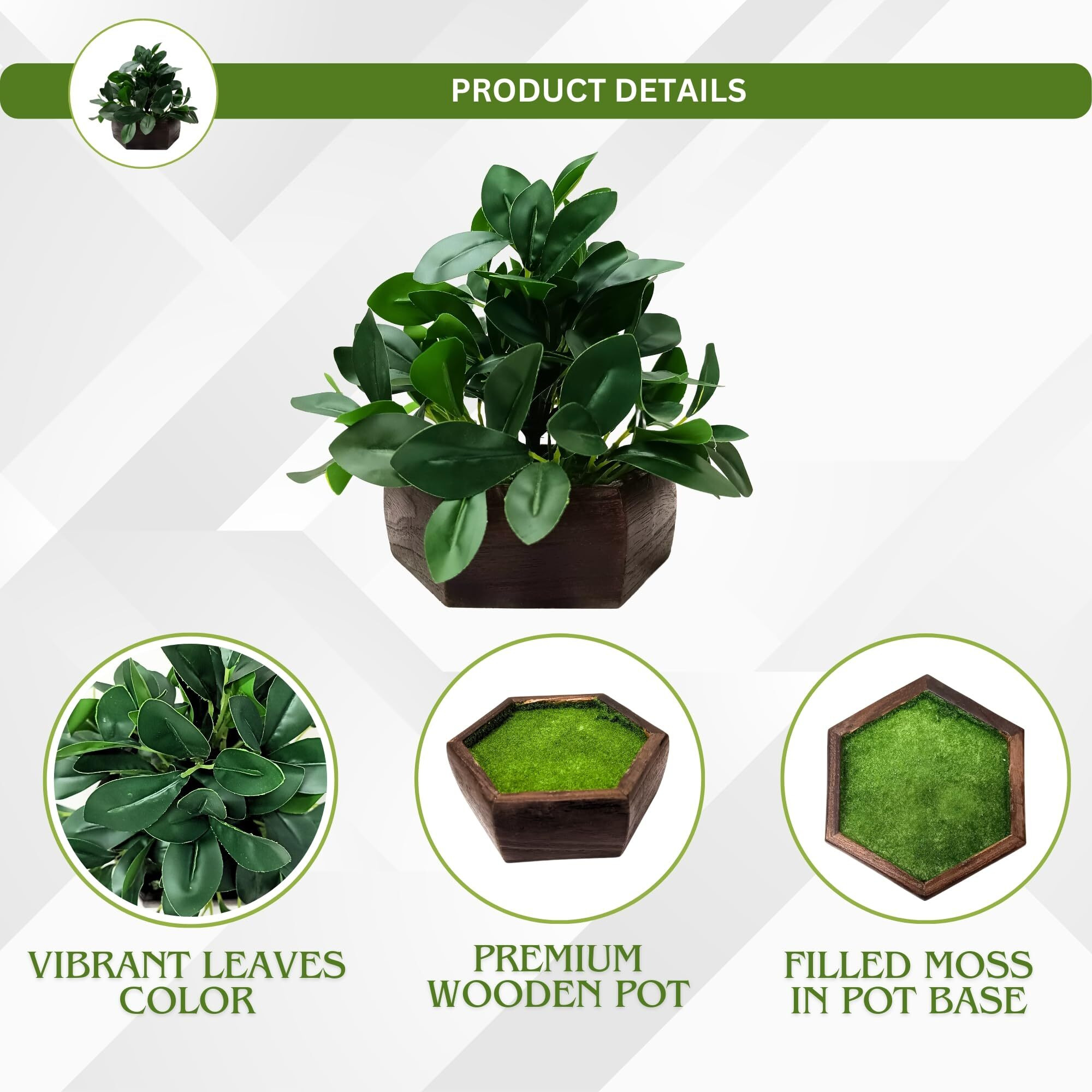 fancymart Artificial Ficus Leaves Plant in Wood Hexagon Pot - 20cm Height - Home & Office Decor Elegant Potted Plant for Tabletop Enhancement