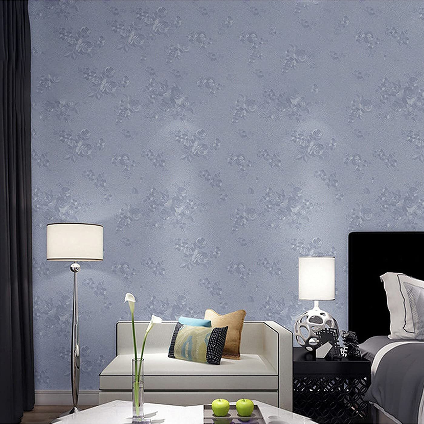 wolpin Wall Stickers Wallpaper Grey Rose (45 x 300 cm) Flowers for Bedroom Wall Decor Embossed Self Adhesive, DIY Decals Living Room, Stainless Grey