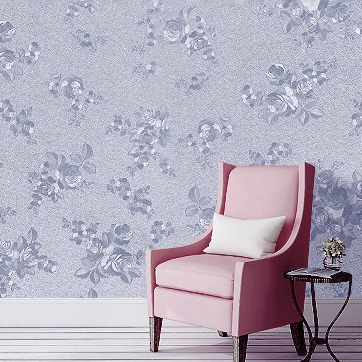 Wolpin Wall Stickers Wallpaper Rose Flower Embossed (45 x 600 cm) Bedroom Wall Decor Self Adhesive, DIY Decals Living Room, Gray