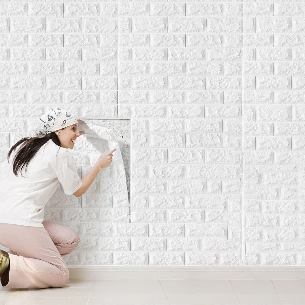 Wolpin 20 Pcs 3D White Brick Wallpaper for Wall PE Foam Wall Stickers Self Adhesive DIY Wall Decor (70 x 77cm, Appx. 116Sq Feet)