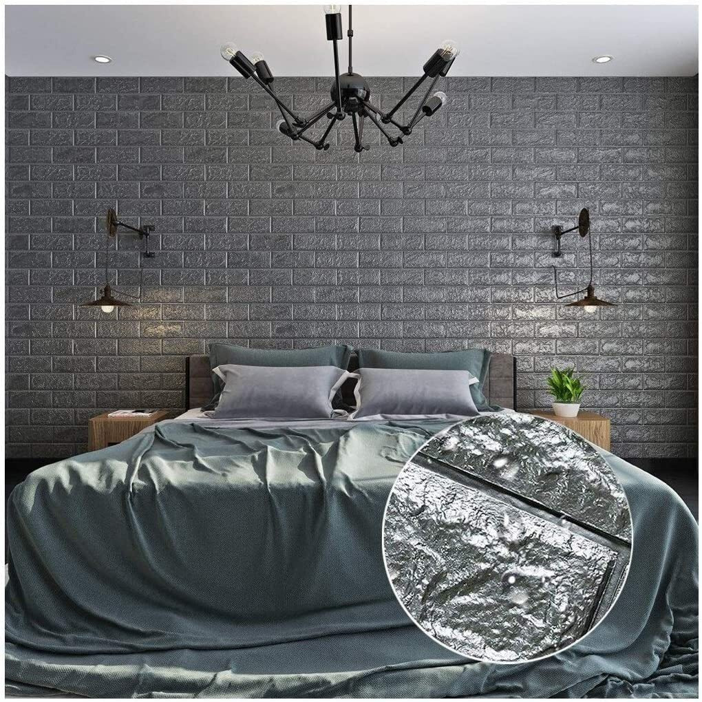 Wolpin 10 Pcs 3D Silvery Grey Brick Wallpaper for Wall PE Foam Wall Stickers Self Adhesive DIY Wall Decor (70 x 77cm, Appx. 58Sq Feet)