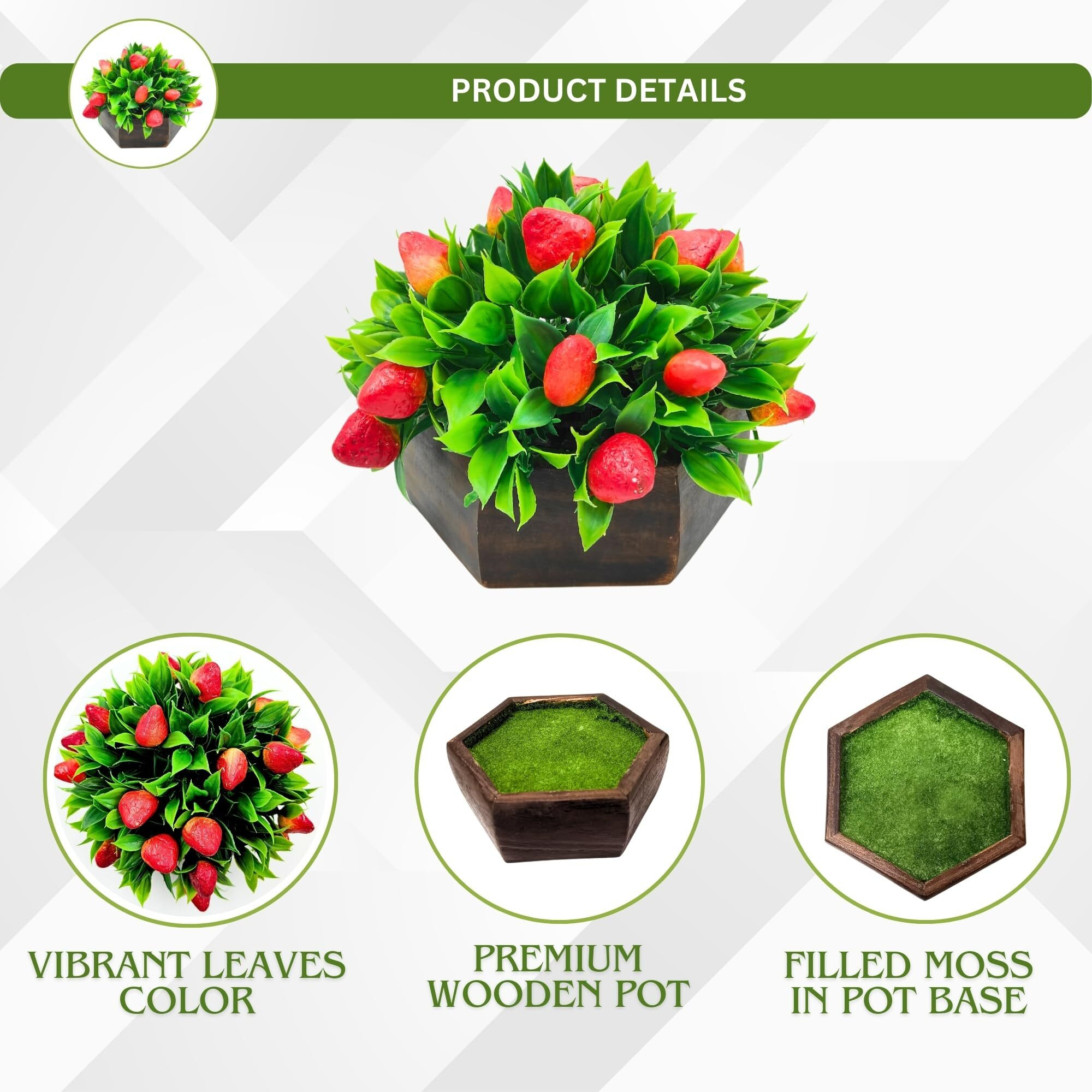 fancymart Artificial Fruit Strawberry in Wood Hexagon Pot - 15cm Height - Home & Office Decor Elegant Potted Plant for Tabletop Enhancement