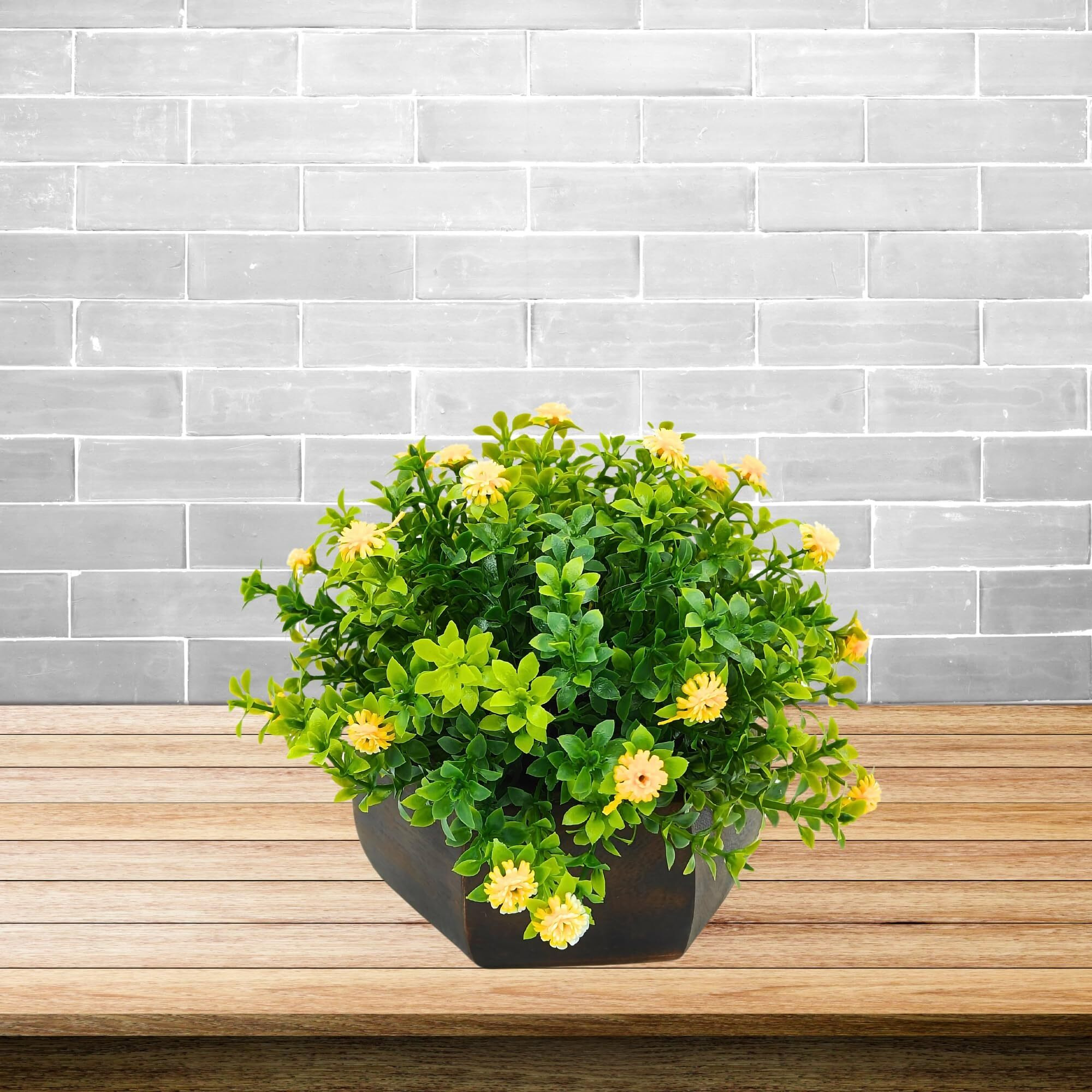 fancymart Artificial Flower Leaves in Wood Hexagon Pot - Yellow - 14cm Height - Home & Office Decor Elegant Potted Plant for Tabletop Enhancement