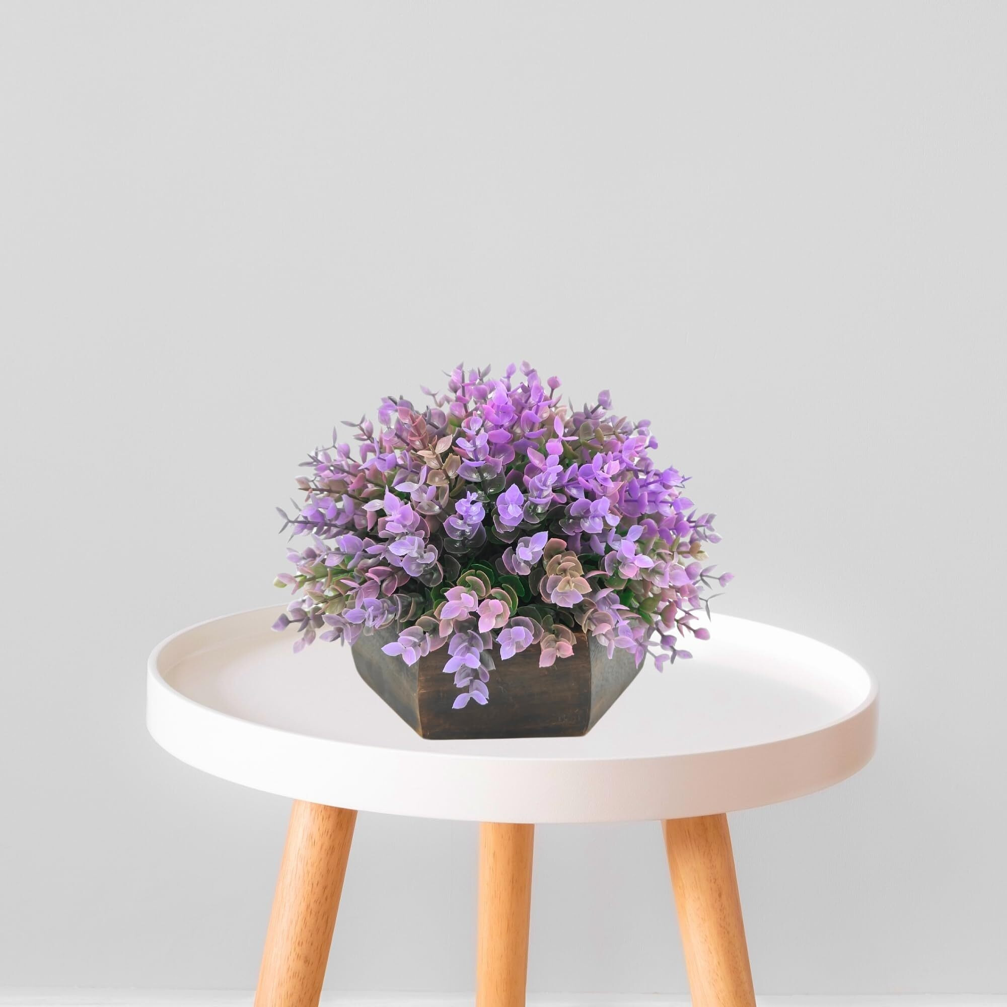 fancymart Artificial Hackleberry Purple Plant in Wood Hexagon Pot - 15cm Height - Home & Office Decor Elegant Potted Plant for Tabletop Enhancement