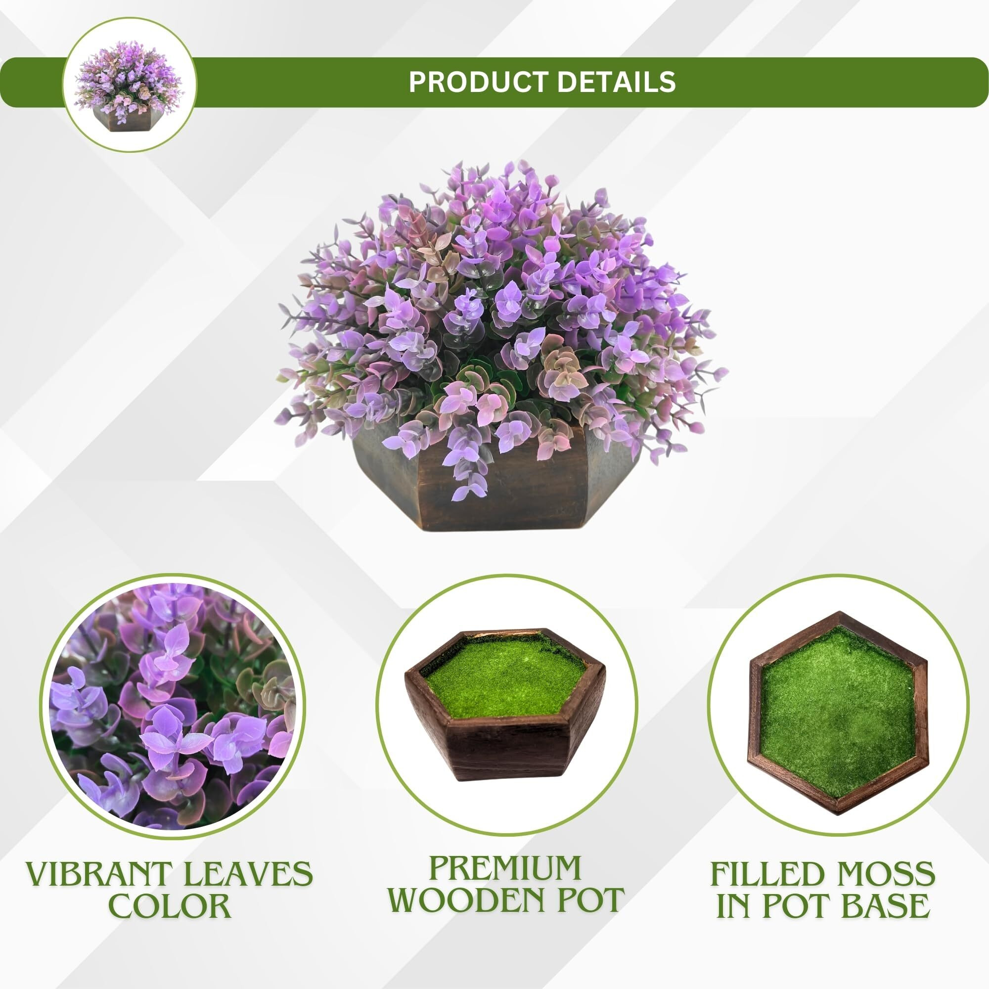 fancymart Artificial Hackleberry Purple Plant in Wood Hexagon Pot - 15cm Height - Home & Office Decor Elegant Potted Plant for Tabletop Enhancement