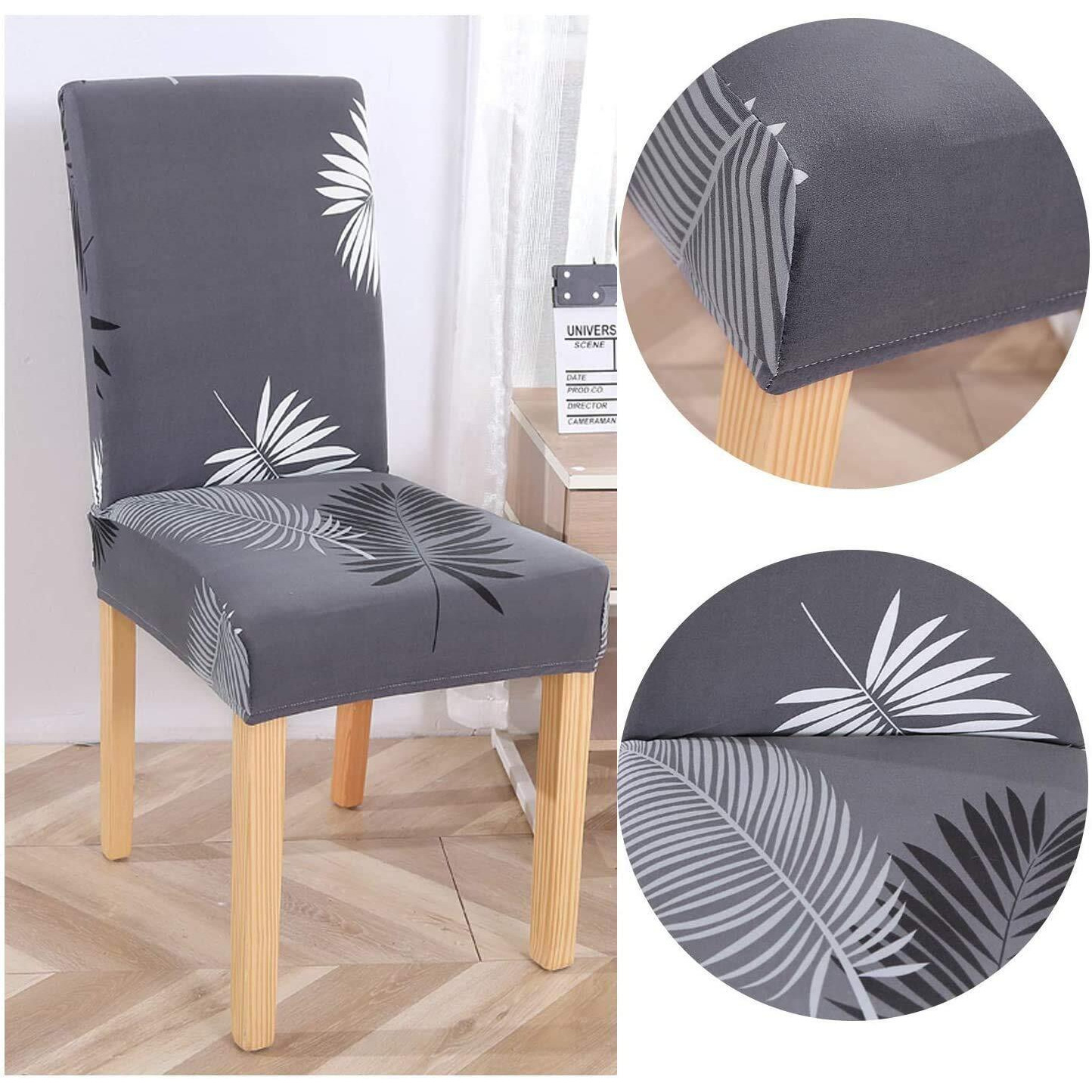 Lukzer Floral Polyester Elastic Stretch Removable & Washable Dining Chair Cover Protective Seat Slipcover - Home Decor (4 Pieces , Grey Leaves Design)