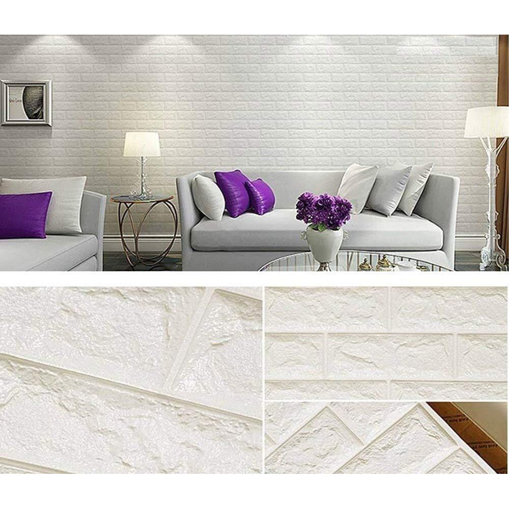 Lukzer 50PCs Self-Adhesive 3D PE Foam Brick Waterproof Wallpaper Wall Sticker/Living Room Office Balcony Home Restaurant Bar Hotel Decor (Thickness 8MM, White, 70 x 77 cm)