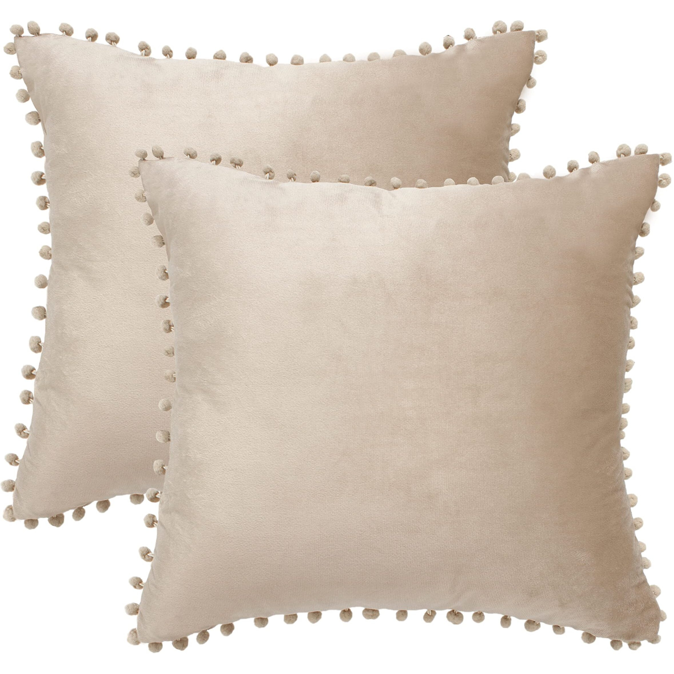 Amazon Brand  Umi Velvet Pompom Cushion Cover 22x22 Inch - Set of 2 Large Square Throw Pillow Covers for Sofa Living Room or Home Decor in Cream Color