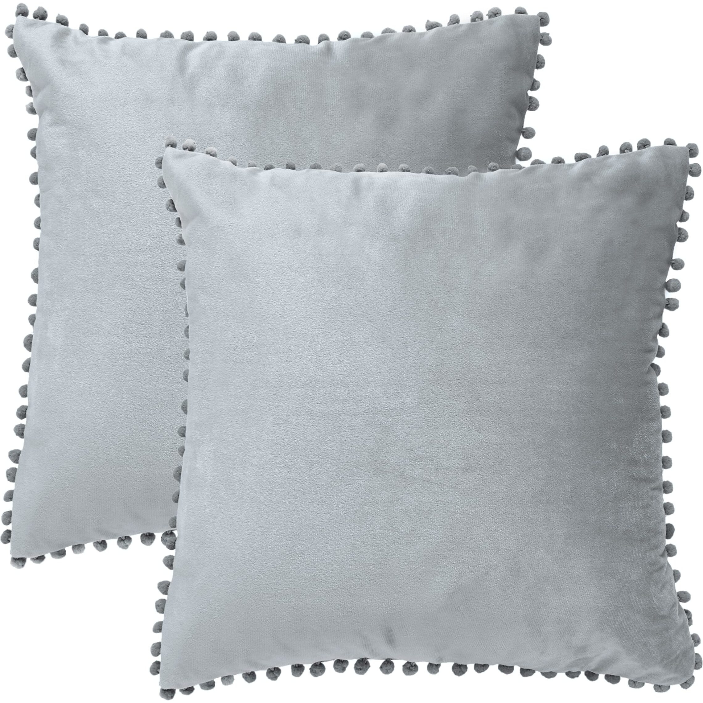 Amazon Brand  Umi Velvet Pompom Cushion Cover 22x22 Inch - Set of 2 Large Square Throw Pillow Covers for Sofa Living Room or Home Decor in Silver Color