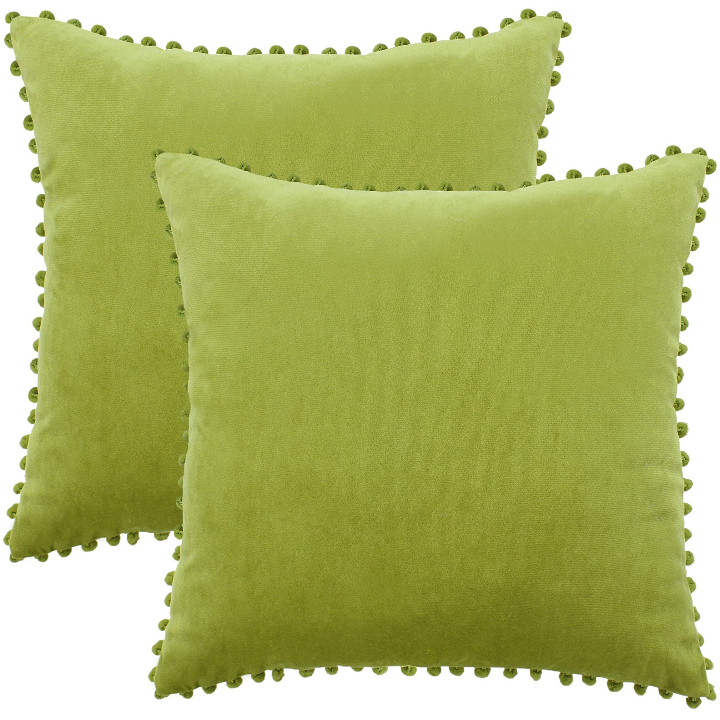 Amazon Brand  Umi Velvet Pompom Cushion Cover 22x22 Inch - Set of 2 Large Square Throw Pillow Covers for Sofa Living Room or Home Decor in Green Color