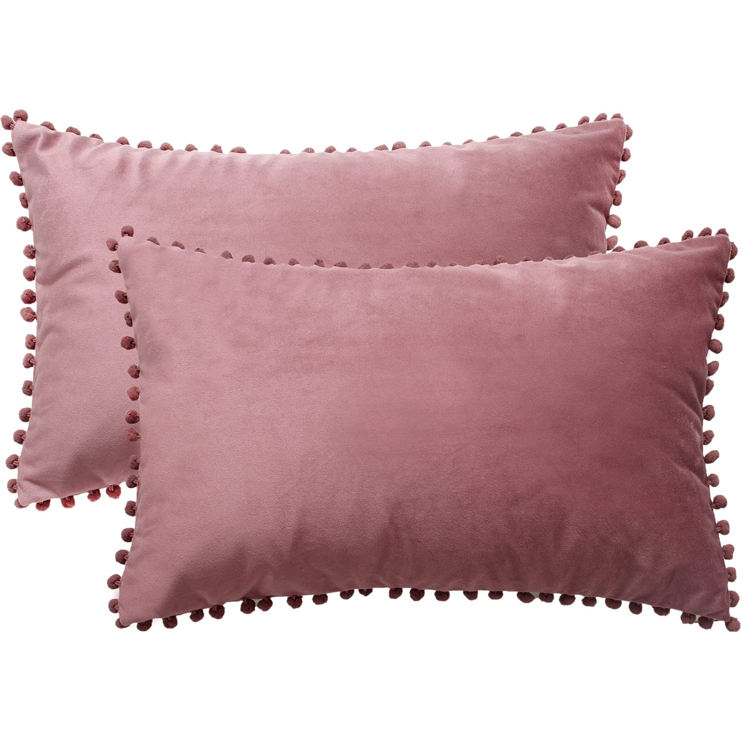 Amazon Brand  Umi Velvet Pompom Cushion Cover 12x20 Inch - Set of 2 Large Square Throw Pillow Covers for Sofa Living Room or Home Decor in Blush Color