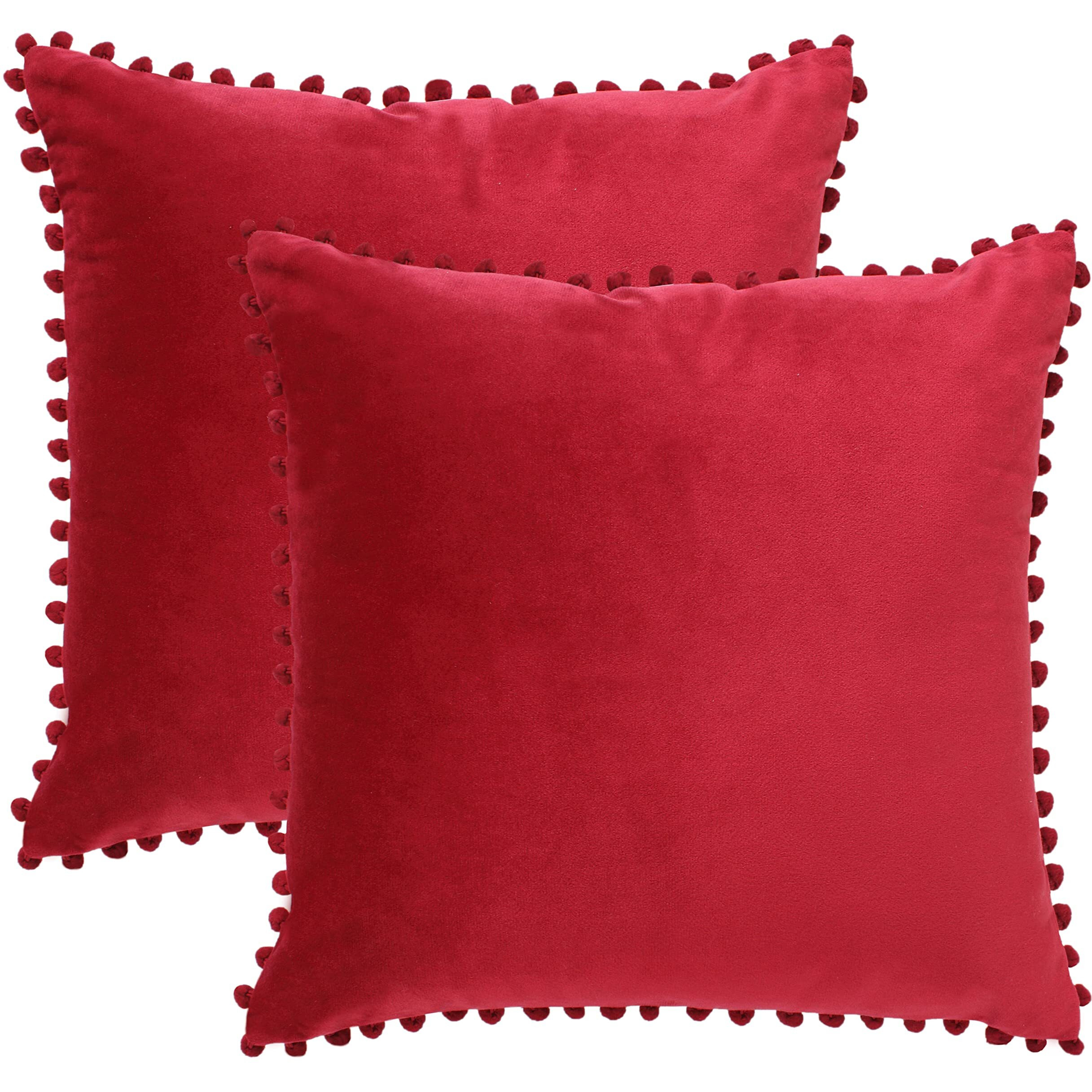 Amazon Brand  Umi Velvet Pompom Cushion Cover 22x22 Inch - Set of 2 Large Square Throw Pillow Covers for Sofa Living Room or Home Decor in Red Color