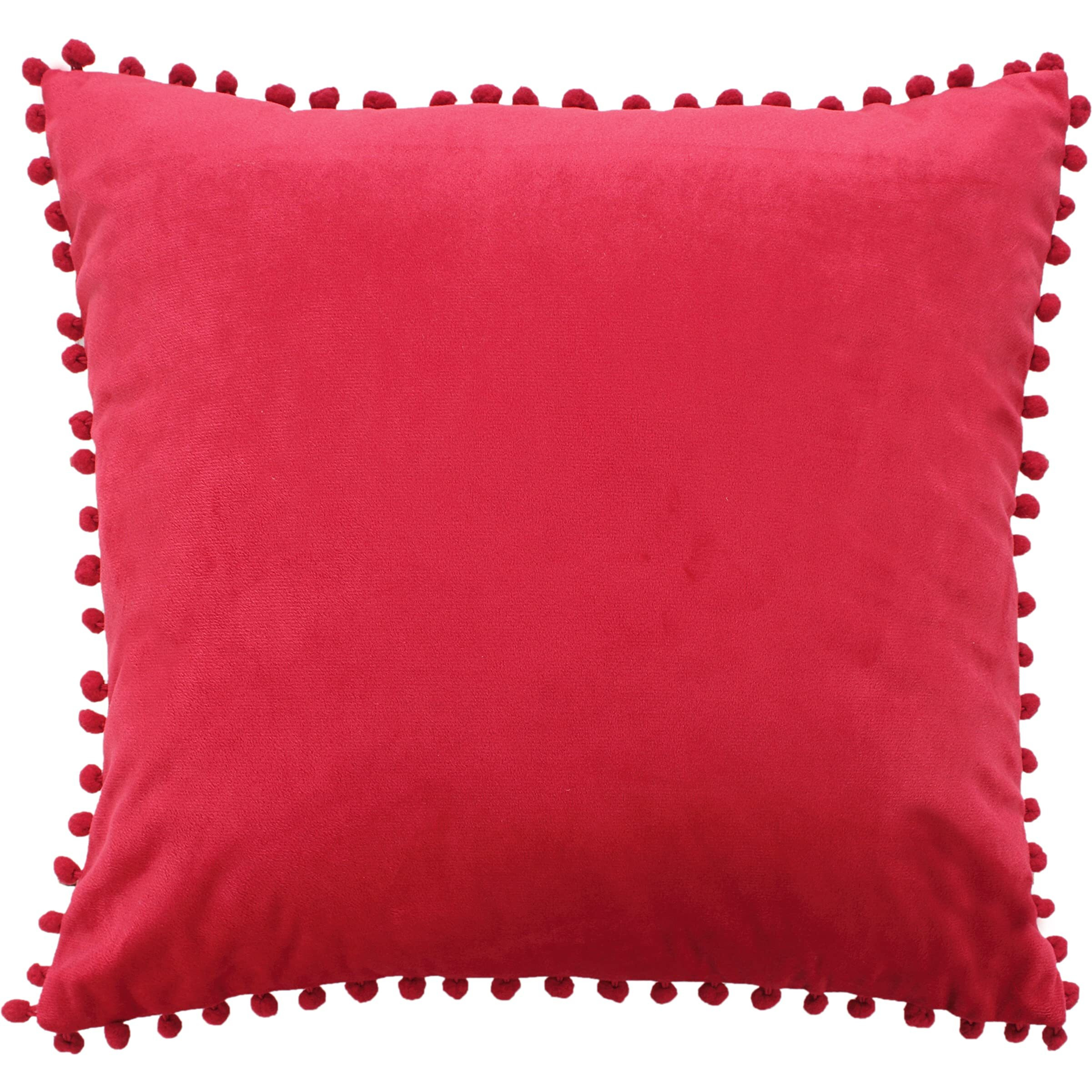 Amazon Brand  Umi Velvet Pompom Cushion Cover 22x22 Inch - Set of 2 Large Square Throw Pillow Covers for Sofa Living Room or Home Decor in Red Color