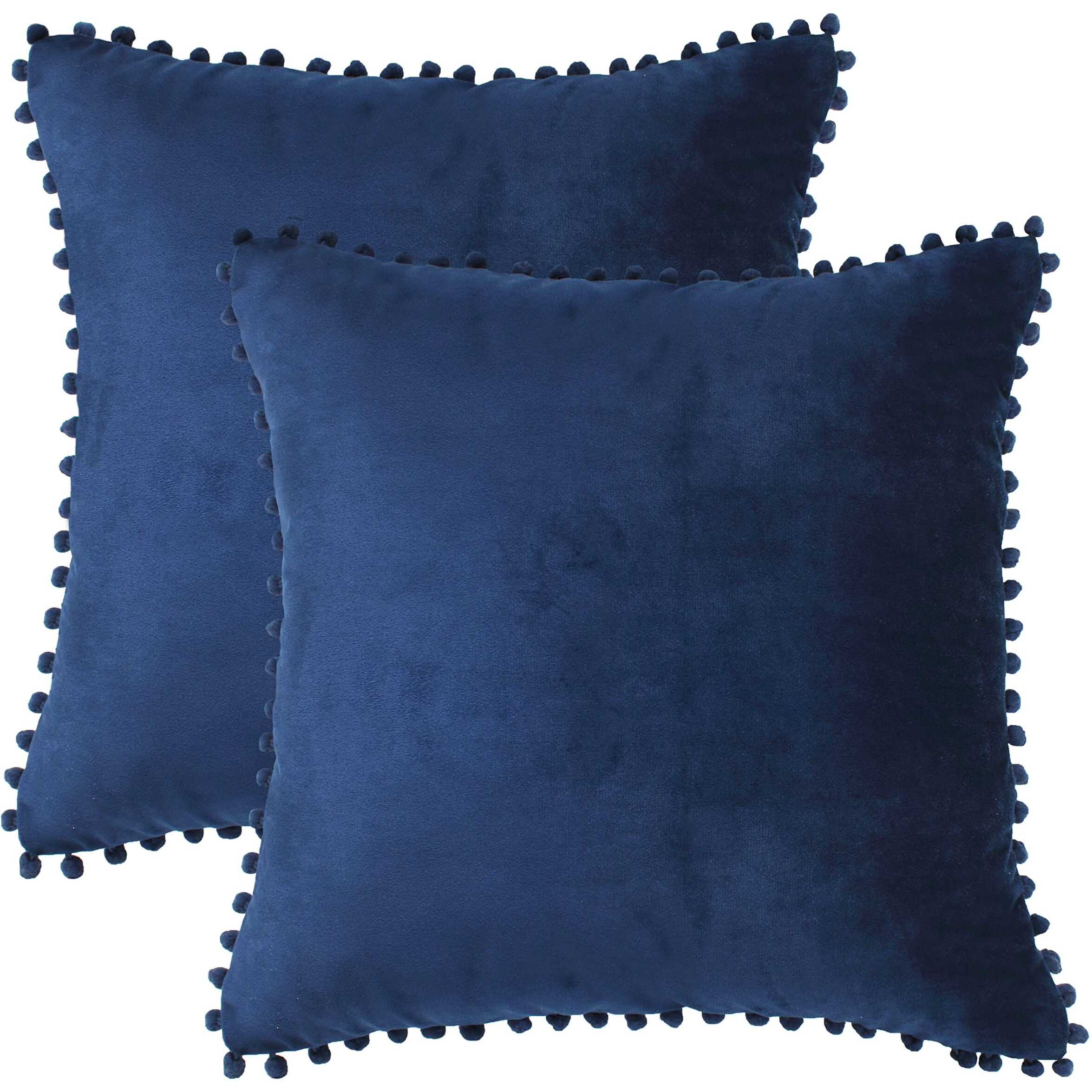 Amazon Brand  Umi Velvet Pompom Cushion Cover 24x24 Inch - Set of 2 Large Square Throw Pillow Covers for Sofa Living Room or Home Decor in Blue Color