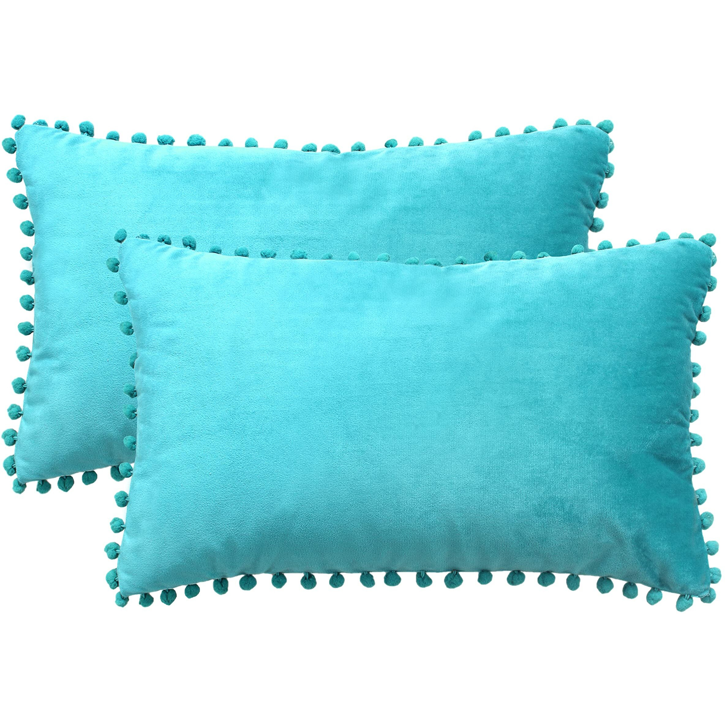 Amazon Brand  Umi Velvet Pompom Cushion Cover 12x20 Inch - Set of 2 Large Square Throw Pillow Covers for Sofa Living Room or Home Decor in Teal Color