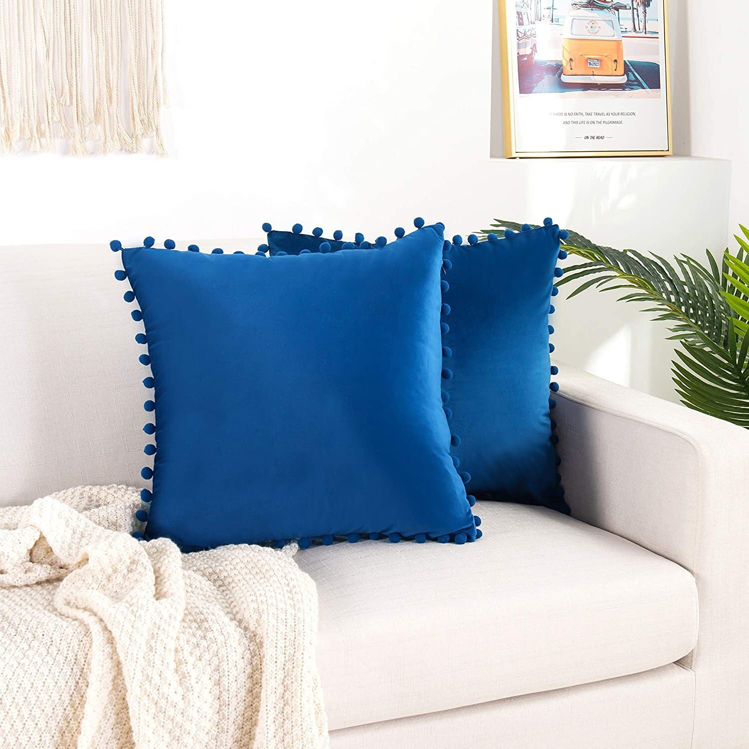 Amazon Brand  Umi Velvet Pompom Cushion Cover 18x18 Inch - Set of 2 Large Square Throw Pillow Covers for Sofa Living Room or Home Decor in Blue Color