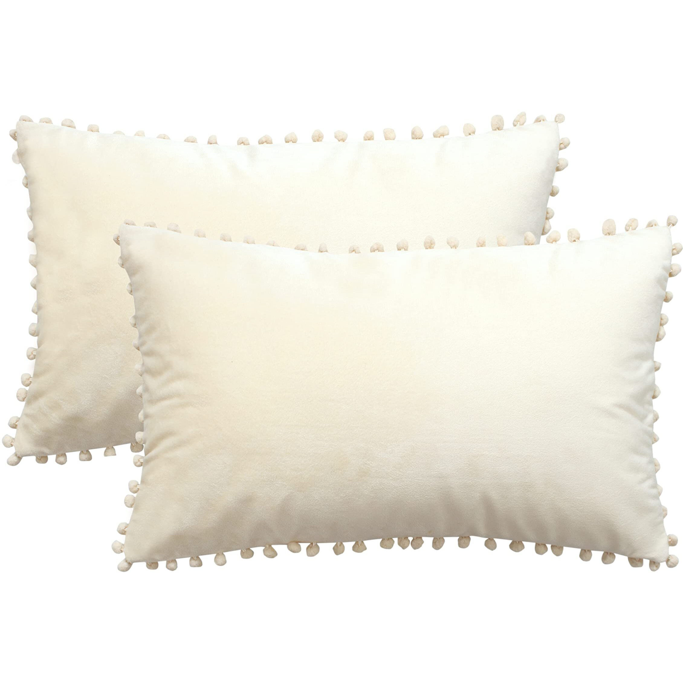 Amazon Brand  Umi Velvet Pompom Cushion Cover 12x20 Inch - Set of 2 Large Square Throw Pillow Covers for Sofa Living Room or Home Decor in Cream Color