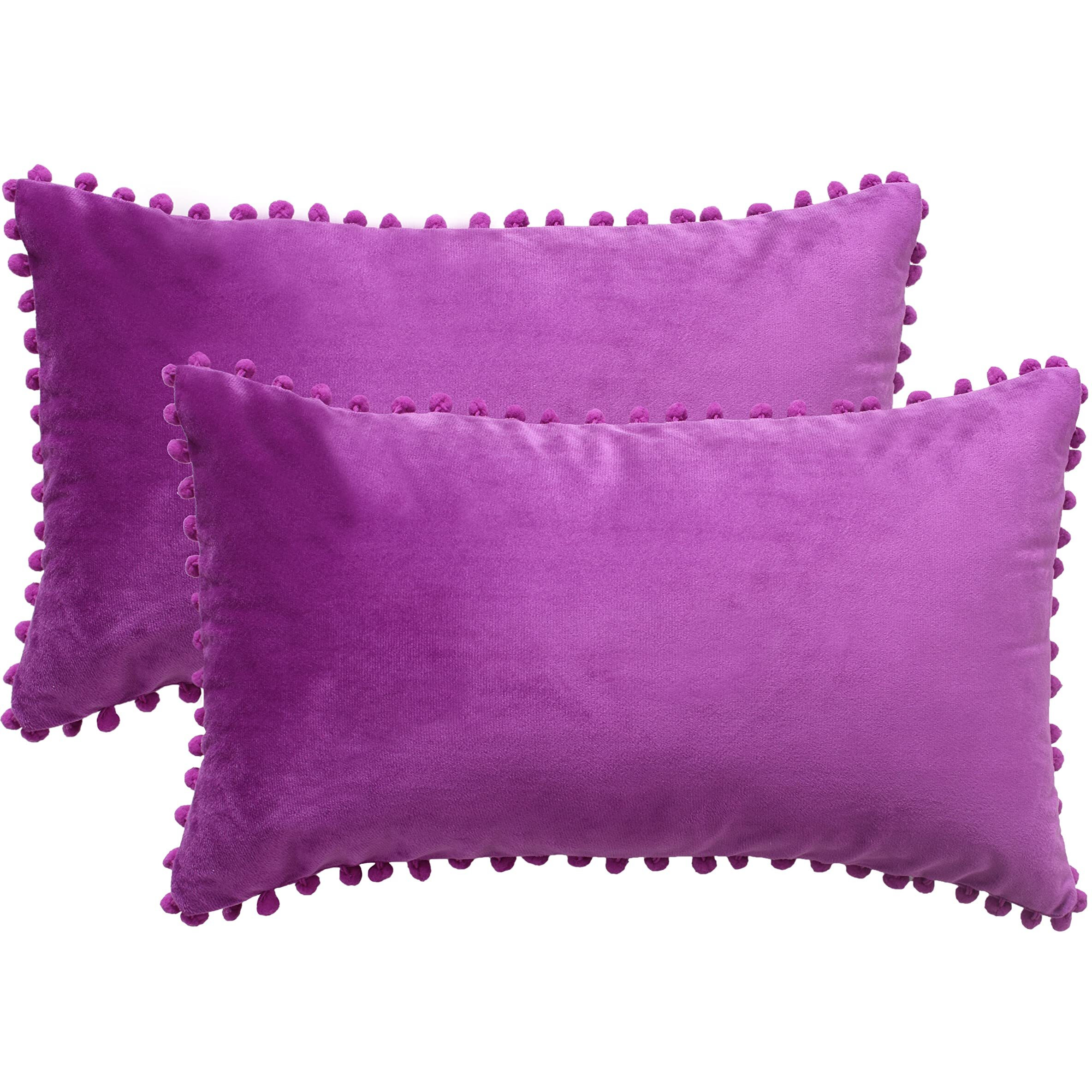 Amazon Brand  Umi Velvet Pompom Cushion Cover 12x20 Inch - Set of 2 Large Square Throw Pillow Covers for Sofa Living Room or Home Decor in Purple Color