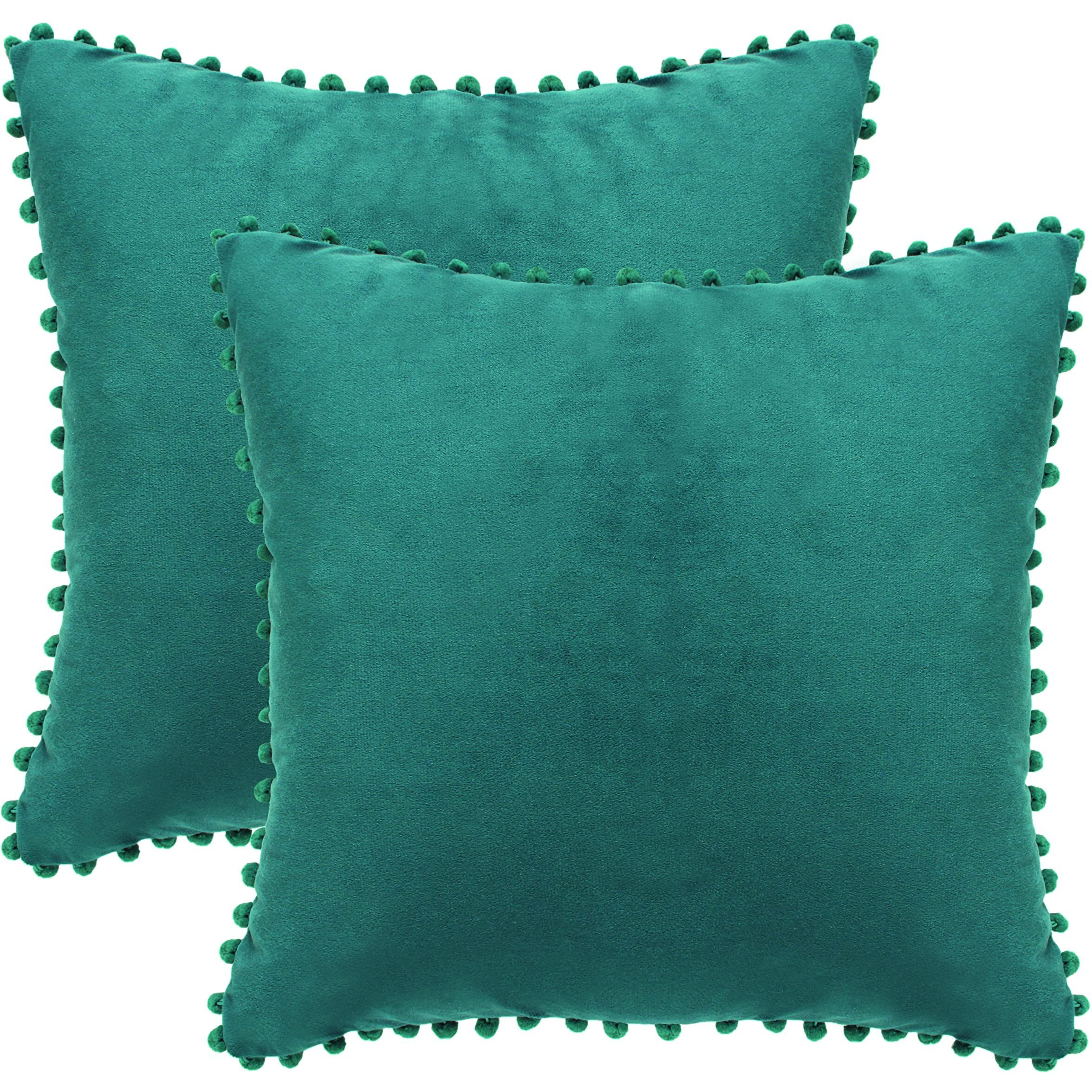 Amazon Brand  Umi Velvet Pompom Cushion Cover 24x24 Inch - Set of 2 Large Square Throw Pillow Covers for Sofa Living Room or Home Decor in Deep Teal Color