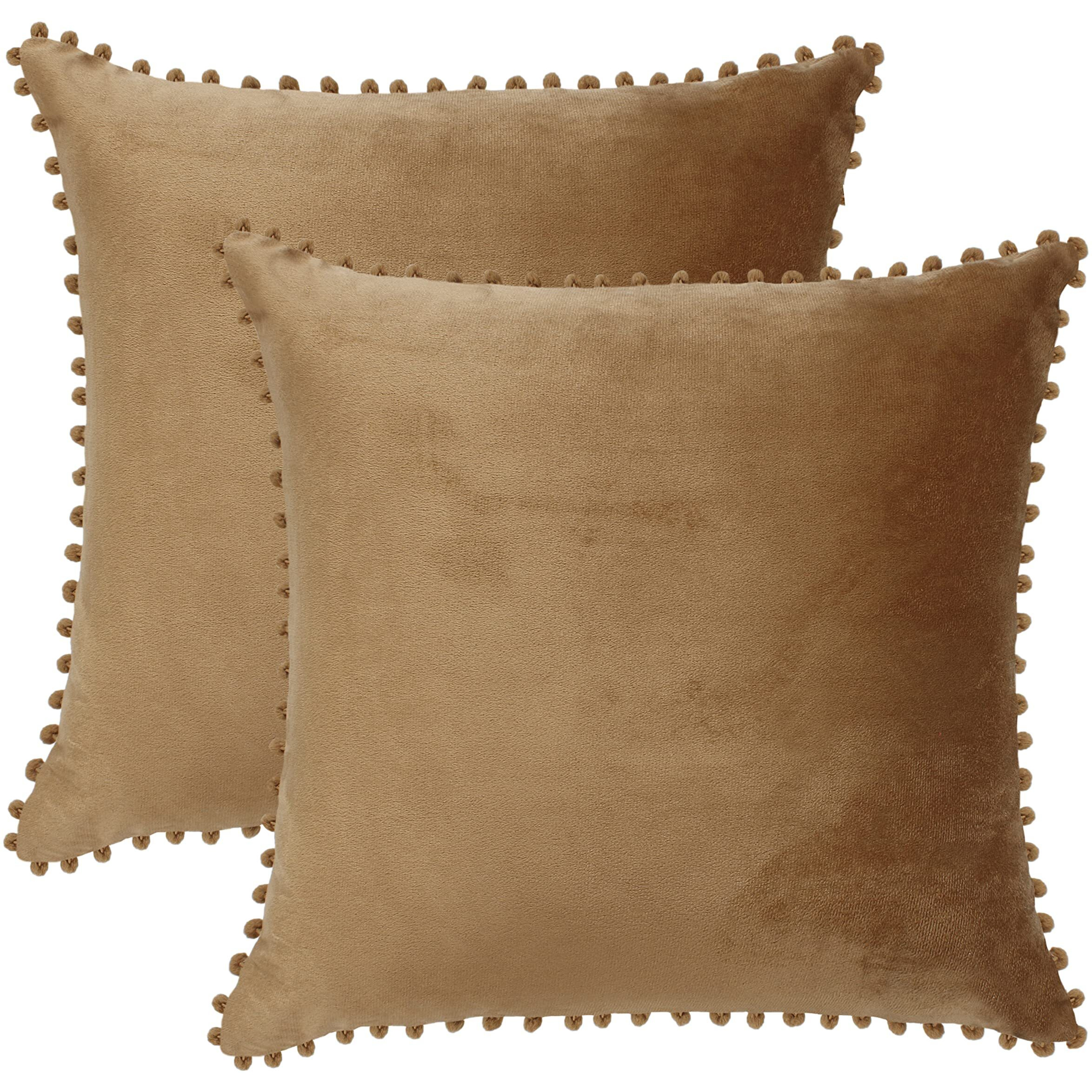 Amazon Brand  Umi Velvet Pompom Cushion Cover 22x22 Inch - Set of 2 Large Square Throw Pillow Covers for Sofa Living Room or Home Decor in Brown Color