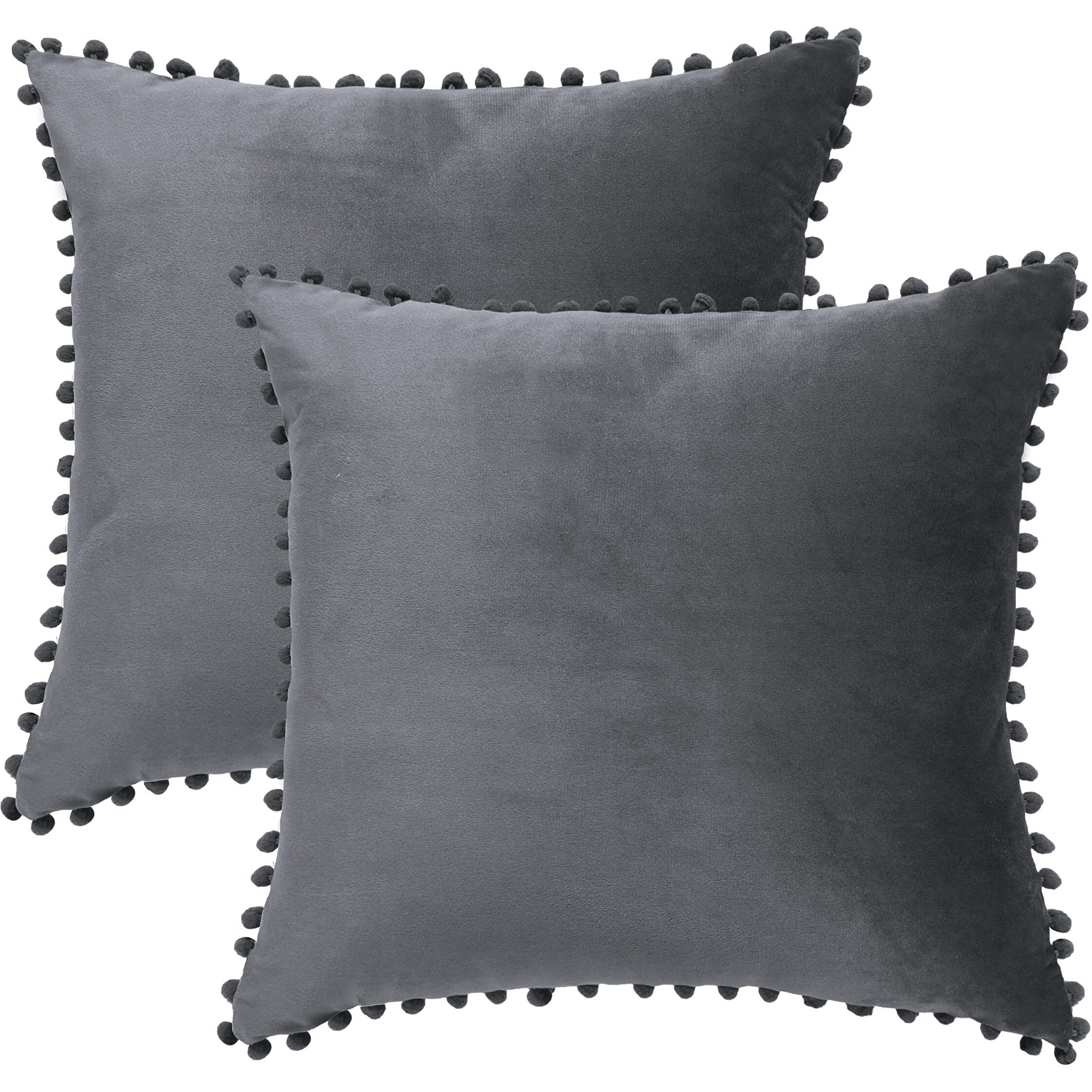 Amazon Brand  Umi Velvet Pompom Cushion Cover 22x22 Inch - Set of 2 Large Square Throw Pillow Covers for Sofa Living Room or Home Decor in Grey Color