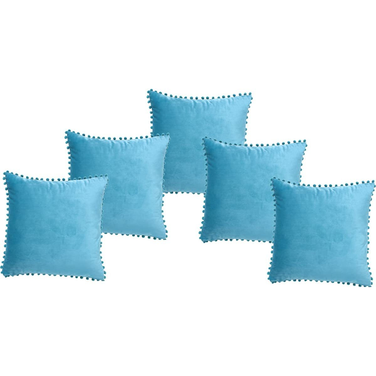 Amazon Brand  Umi Velvet Pompom Cushion Cover 16x16 Inch - Set of 5 Large Square Throw Pillow Covers for Sofa Living Room or Home Decor in Teal Color