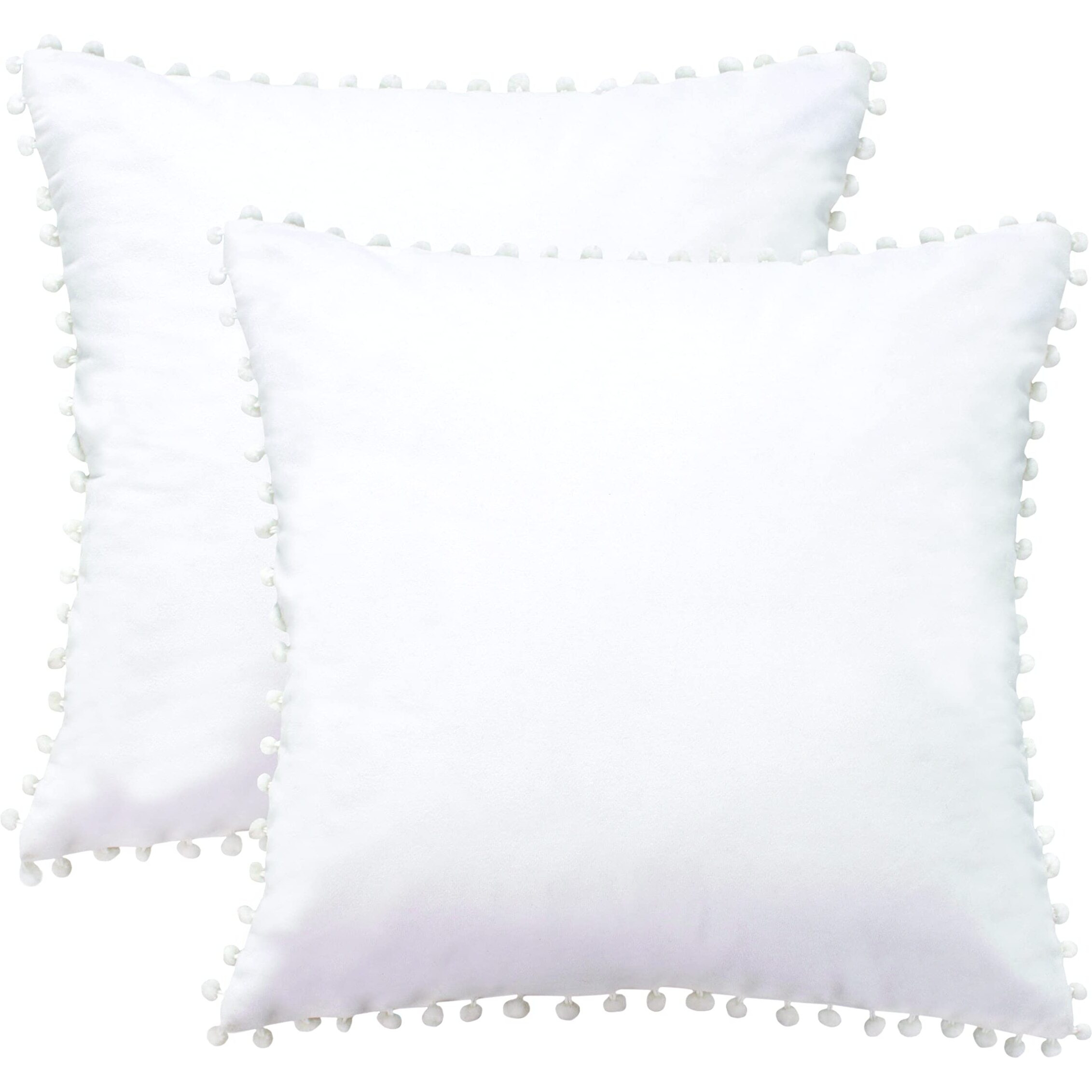 Amazon Brand  Umi Velvet Pompom Cushion Cover 14x14 Inch - Set of 2 Large Square Throw Pillow Covers for Sofa Living Room or Home Decor in White Color